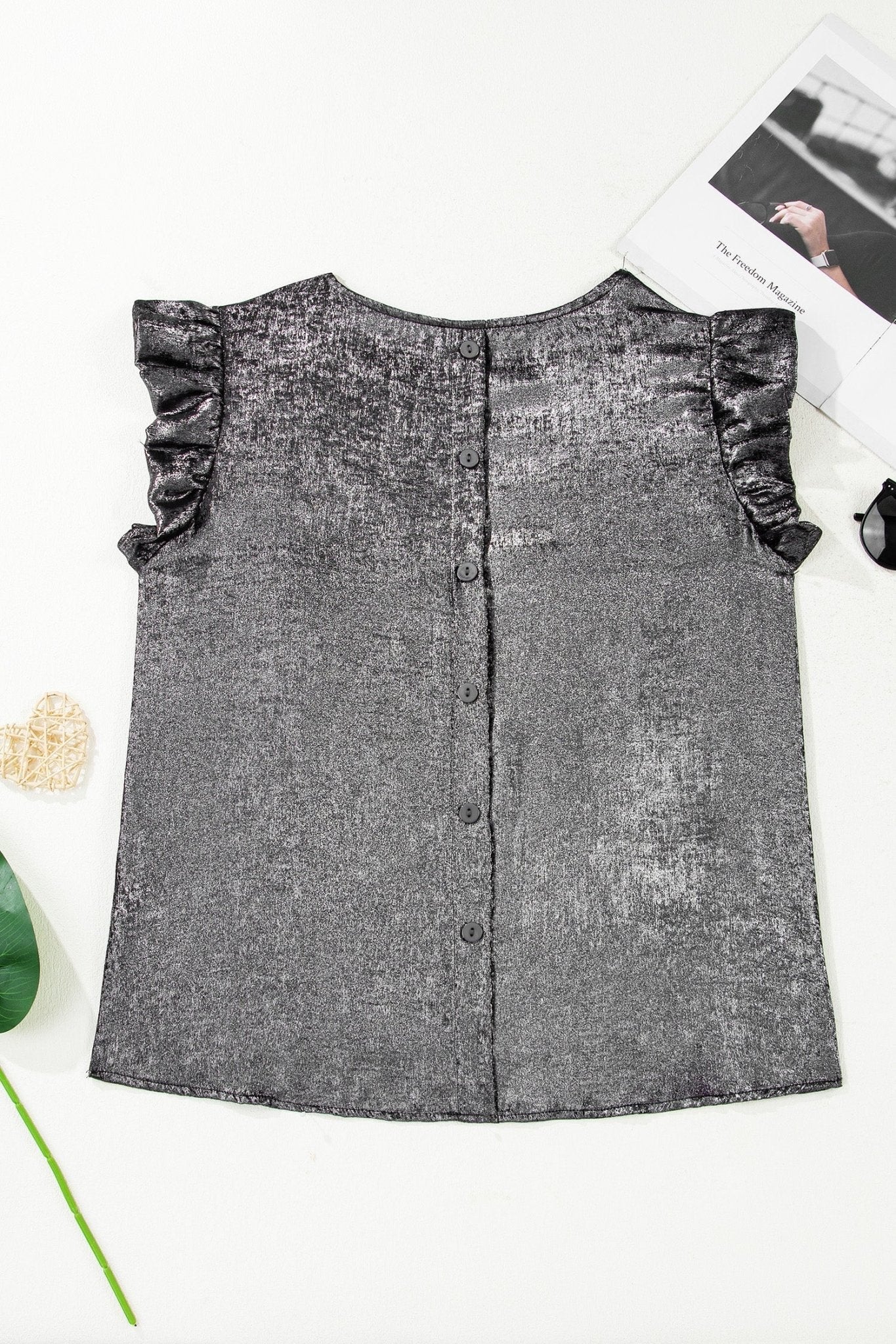 Metallic Ruffle Trim Sleeveless Round Neck Top - Rooted & Reckless Co.