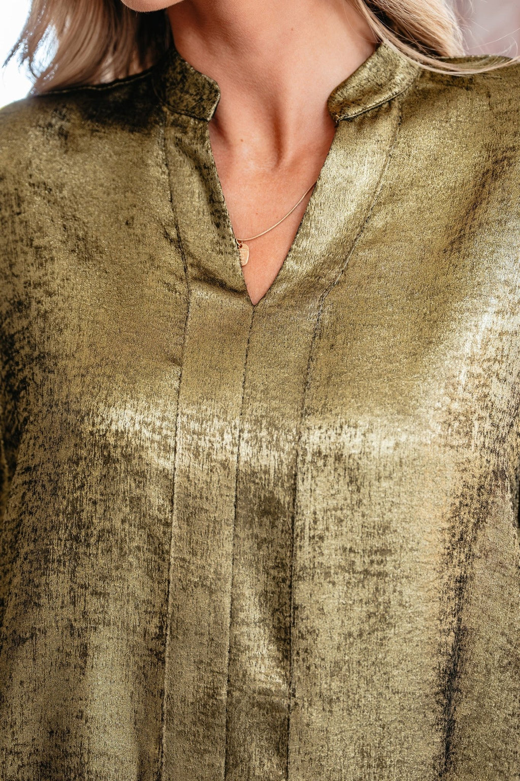 Metallic Split Neck 3/4 Sleeve Blouse - Rooted & Reckless Co.