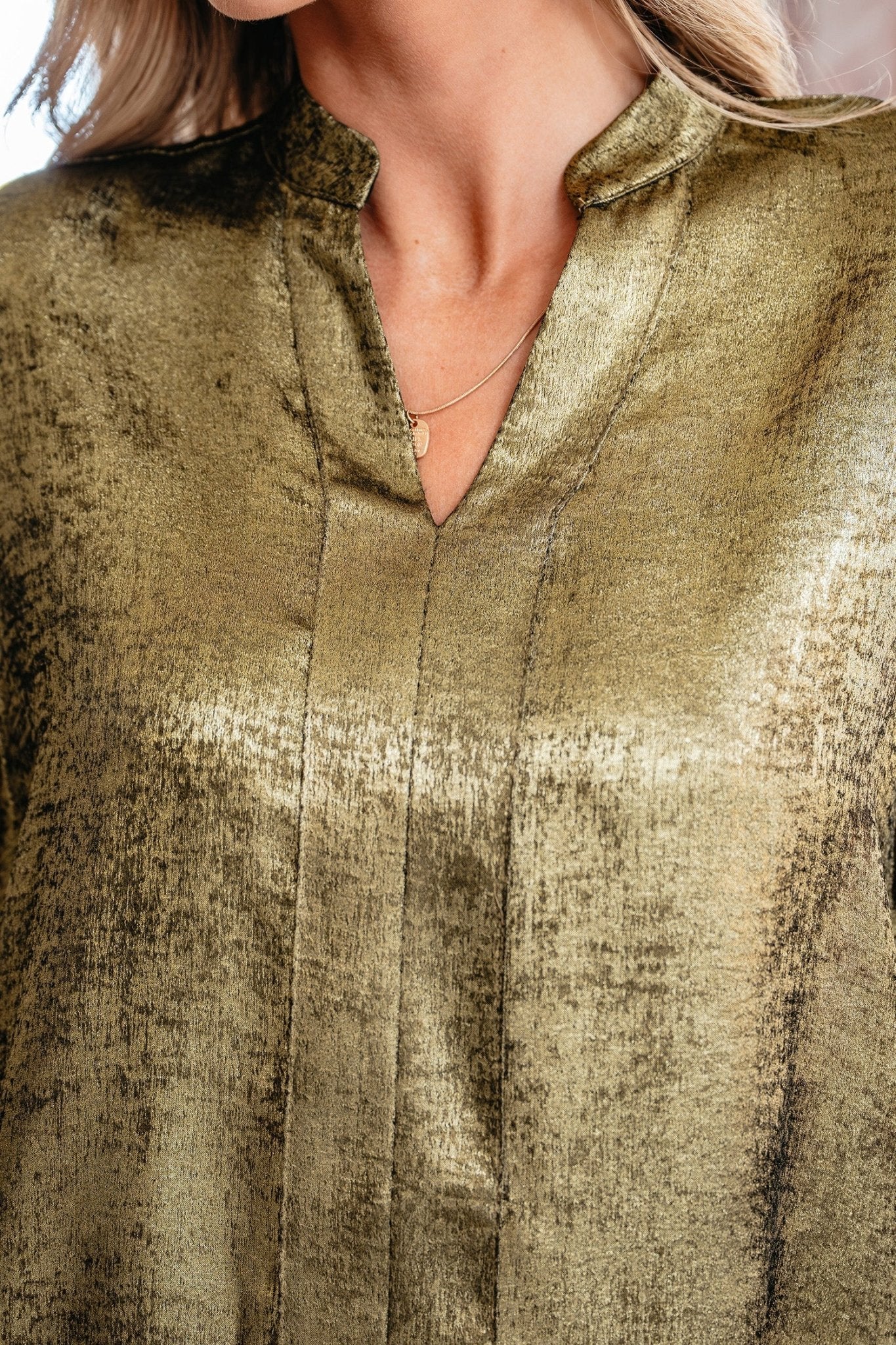 Metallic Split Neck 3/4 Sleeve Blouse - Rooted & Reckless Co.