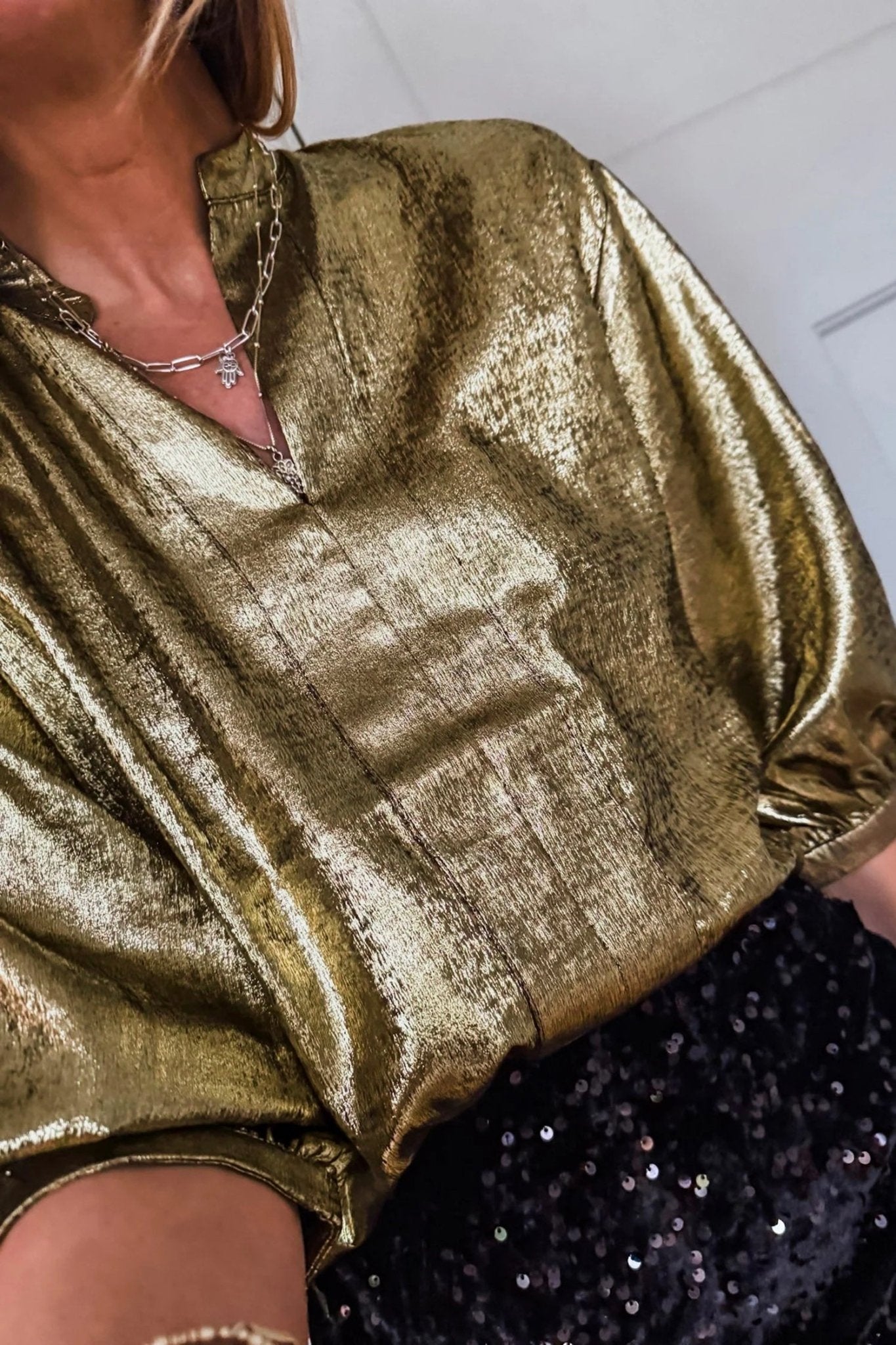 Metallic Split Neck 3/4 Sleeve Blouse - Rooted & Reckless Co.