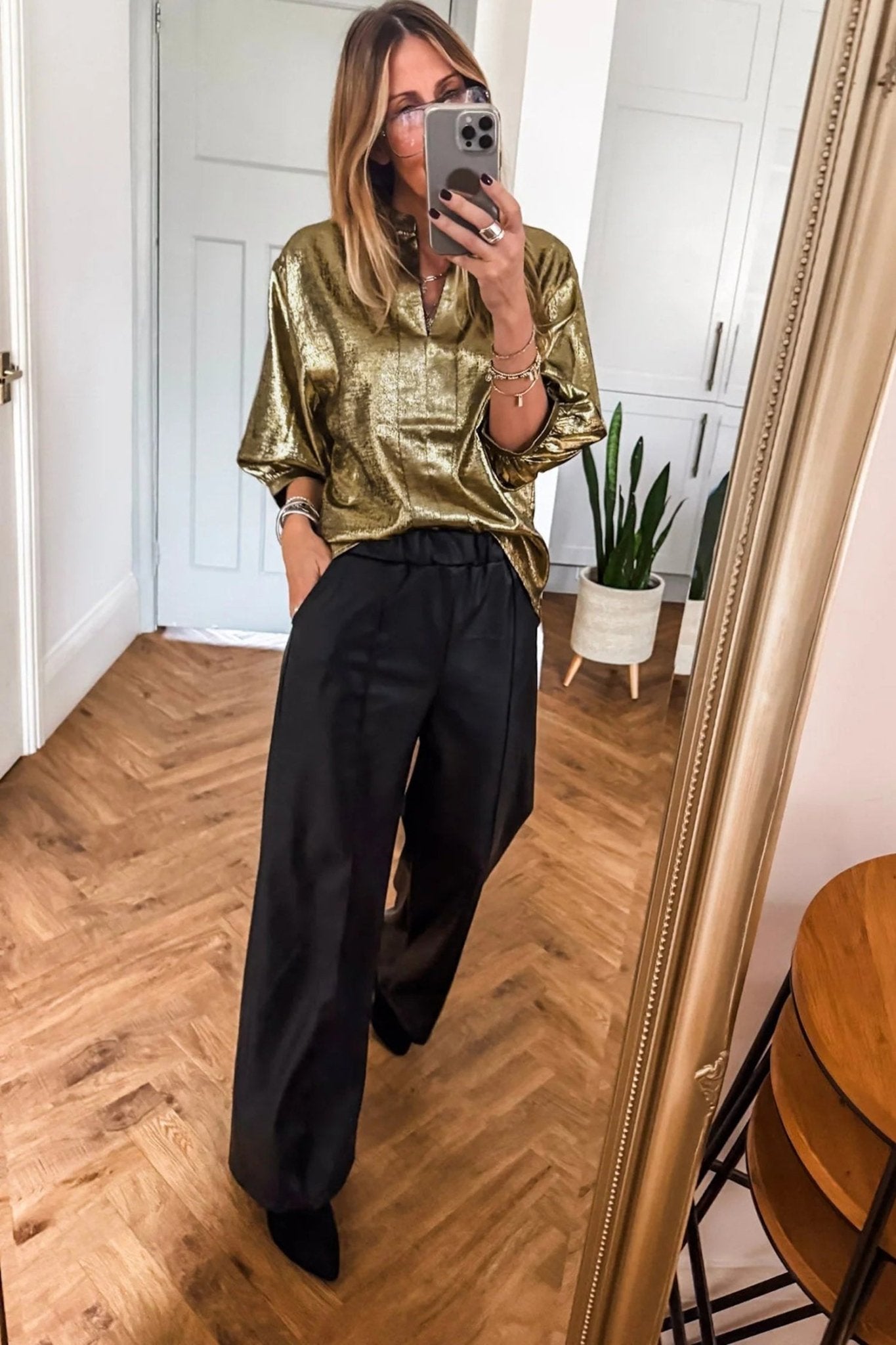 Metallic Split Neck 3/4 Sleeve Blouse - Rooted & Reckless Co.