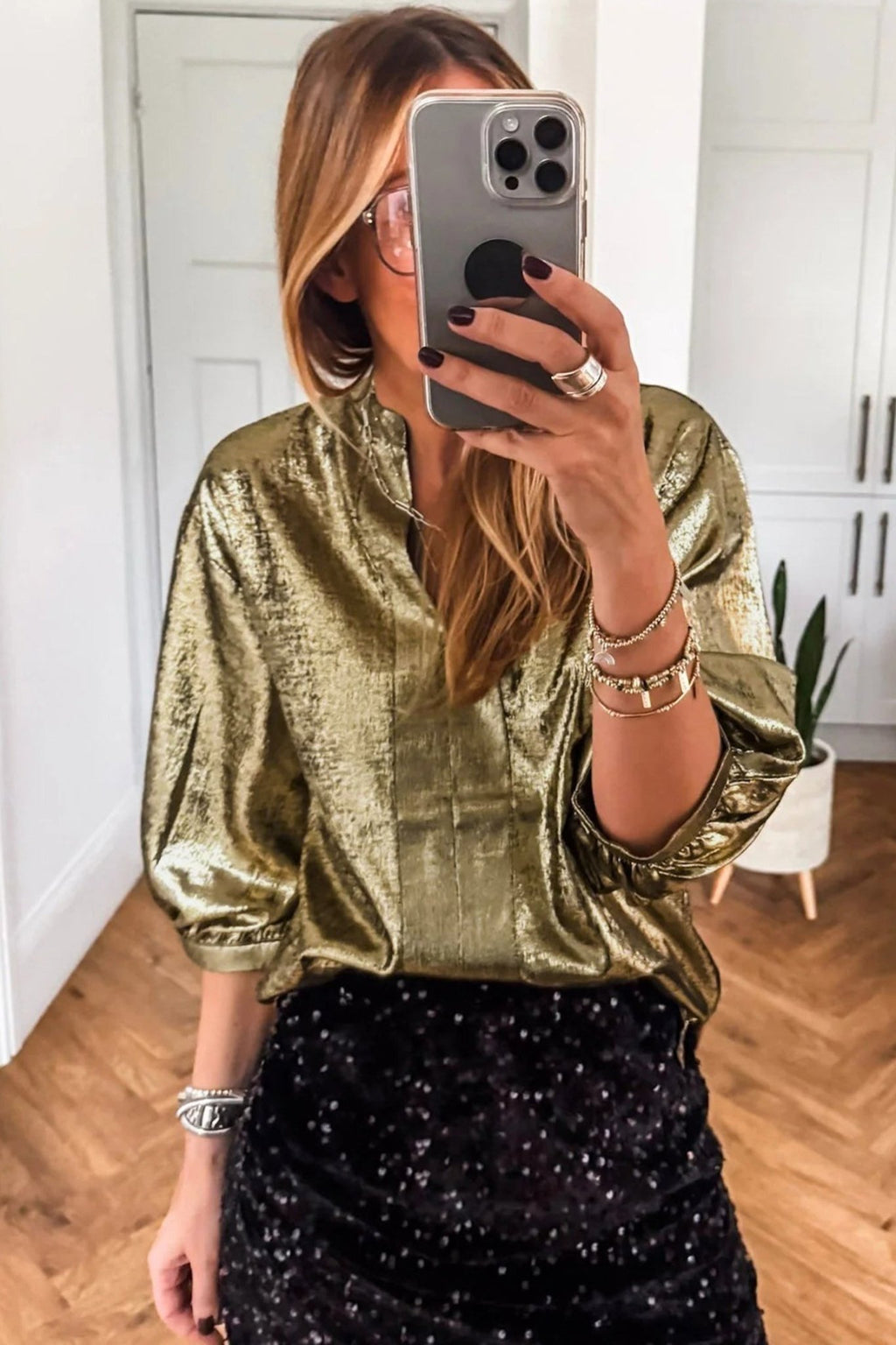 Metallic Split Neck 3/4 Sleeve Blouse - Rooted & Reckless Co.