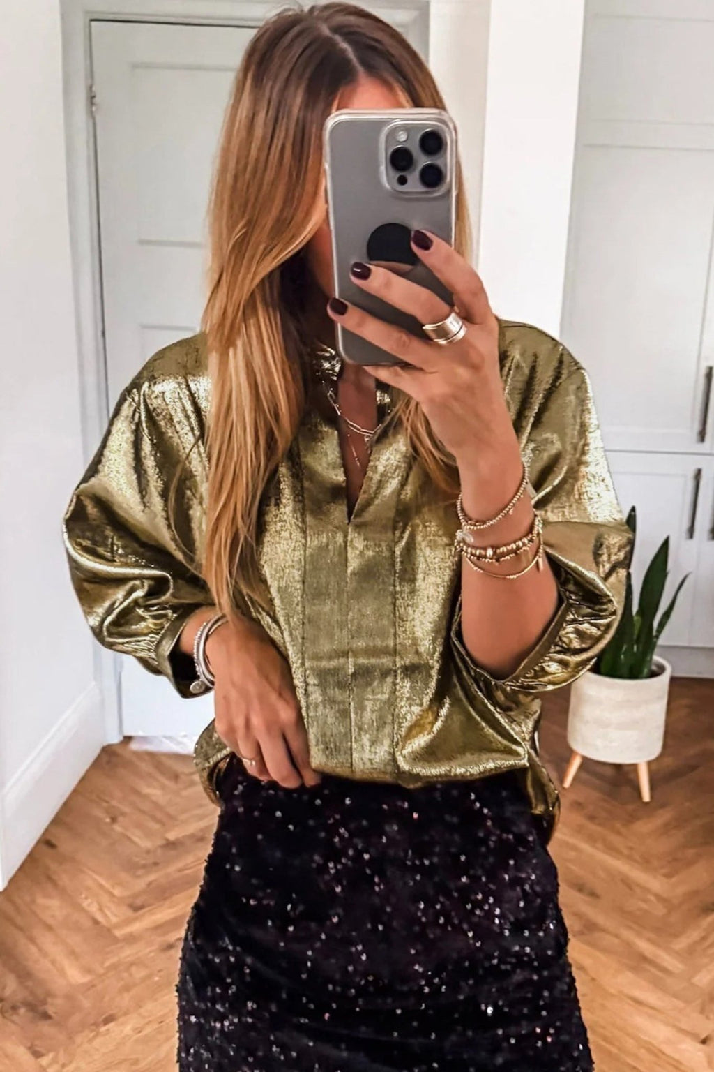 Metallic Split Neck 3/4 Sleeve Blouse - Rooted & Reckless Co.