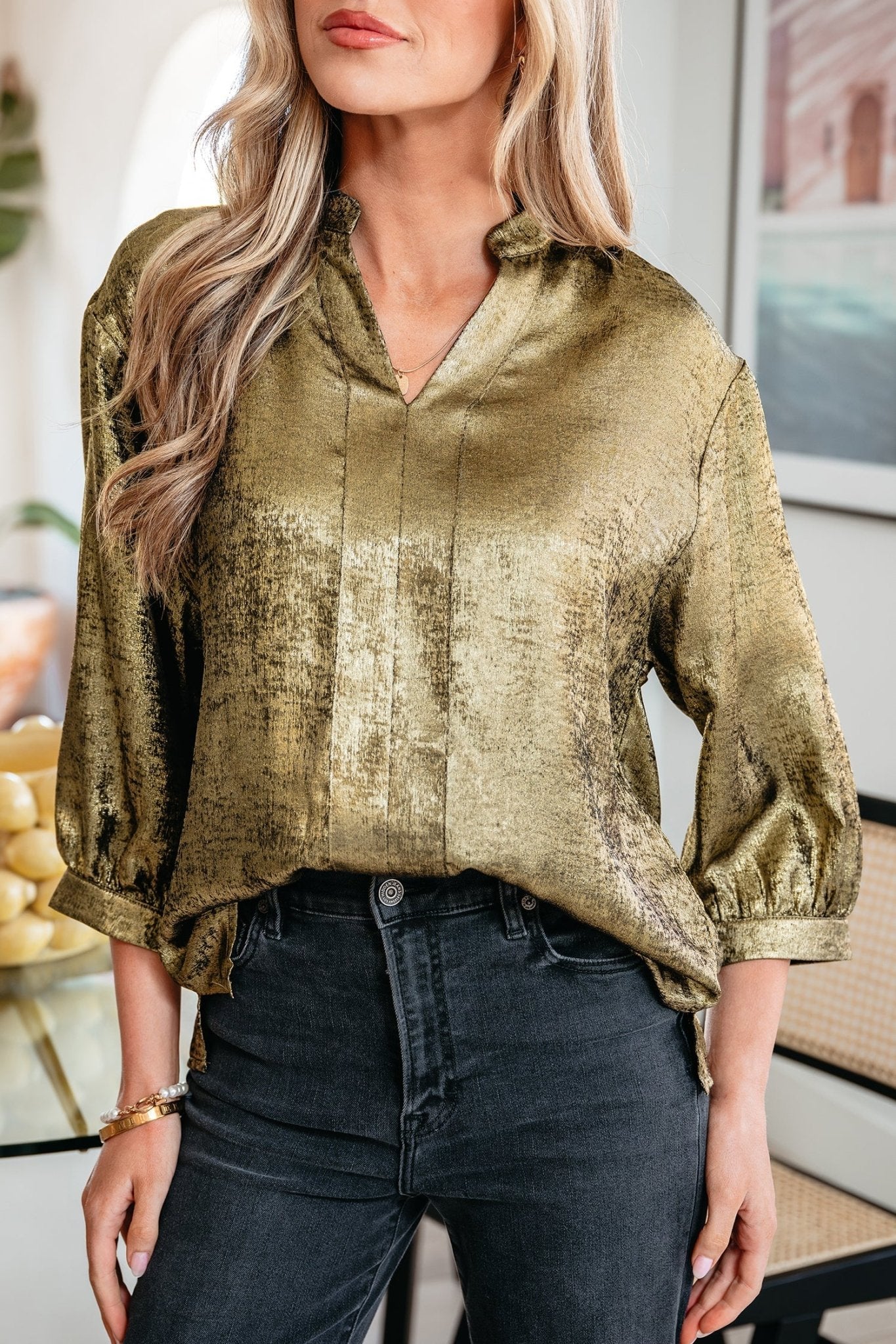 Metallic Split Neck 3/4 Sleeve Blouse - Rooted & Reckless Co.