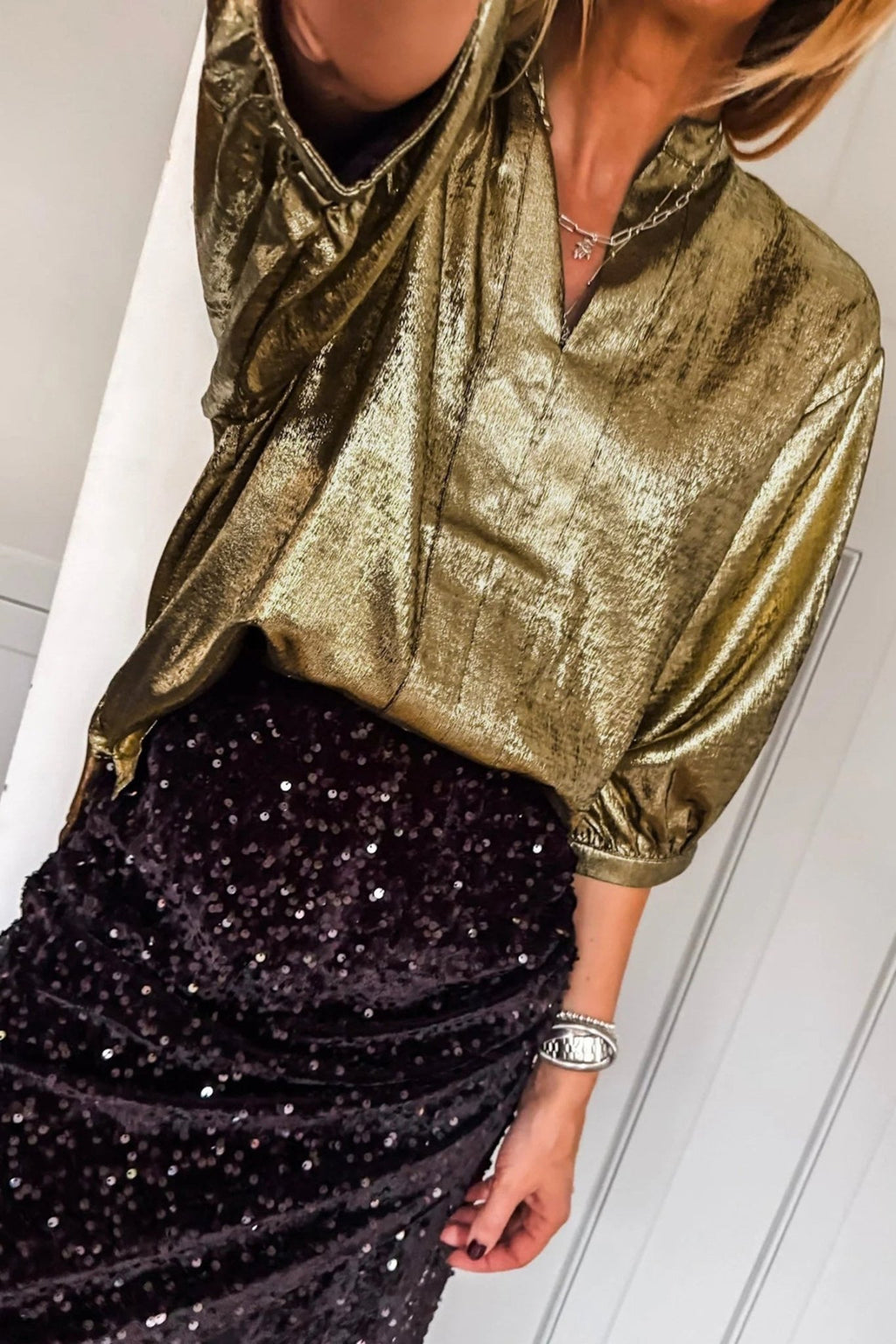 Metallic Split Neck 3/4 Sleeve Blouse - Rooted & Reckless Co.