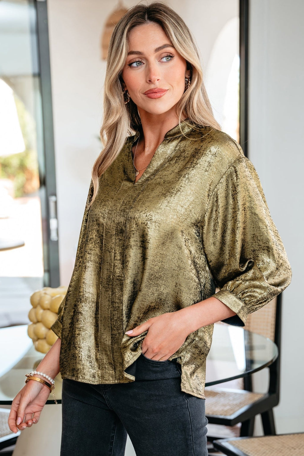 Metallic Split Neck 3/4 Sleeve Blouse - Rooted & Reckless Co.