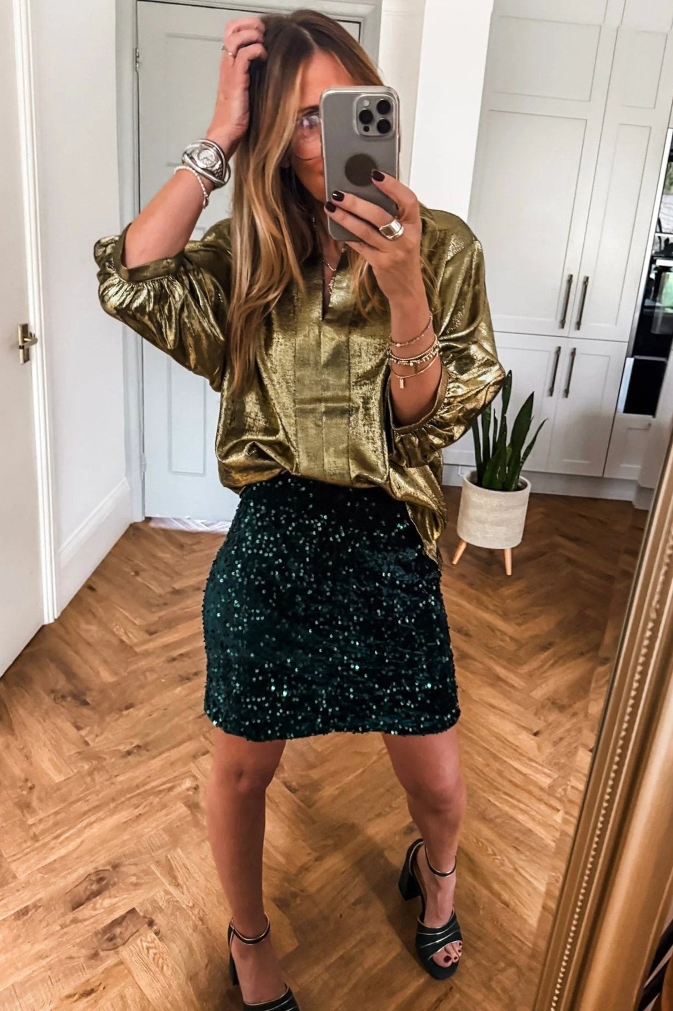 Metallic Split Neck 3/4 Sleeve Blouse - Rooted & Reckless Co.