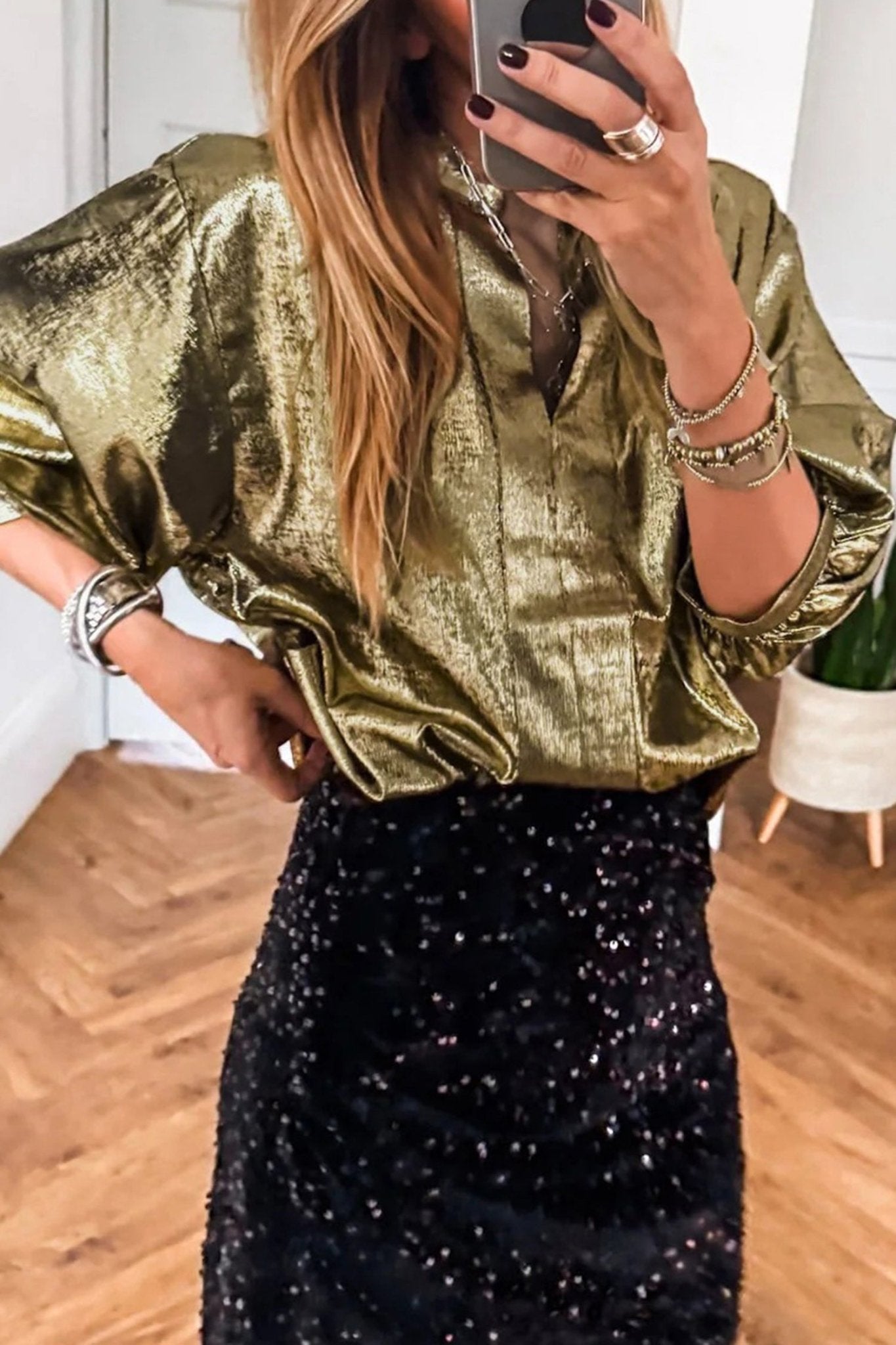Metallic Split Neck 3/4 Sleeve Blouse - Rooted & Reckless Co.