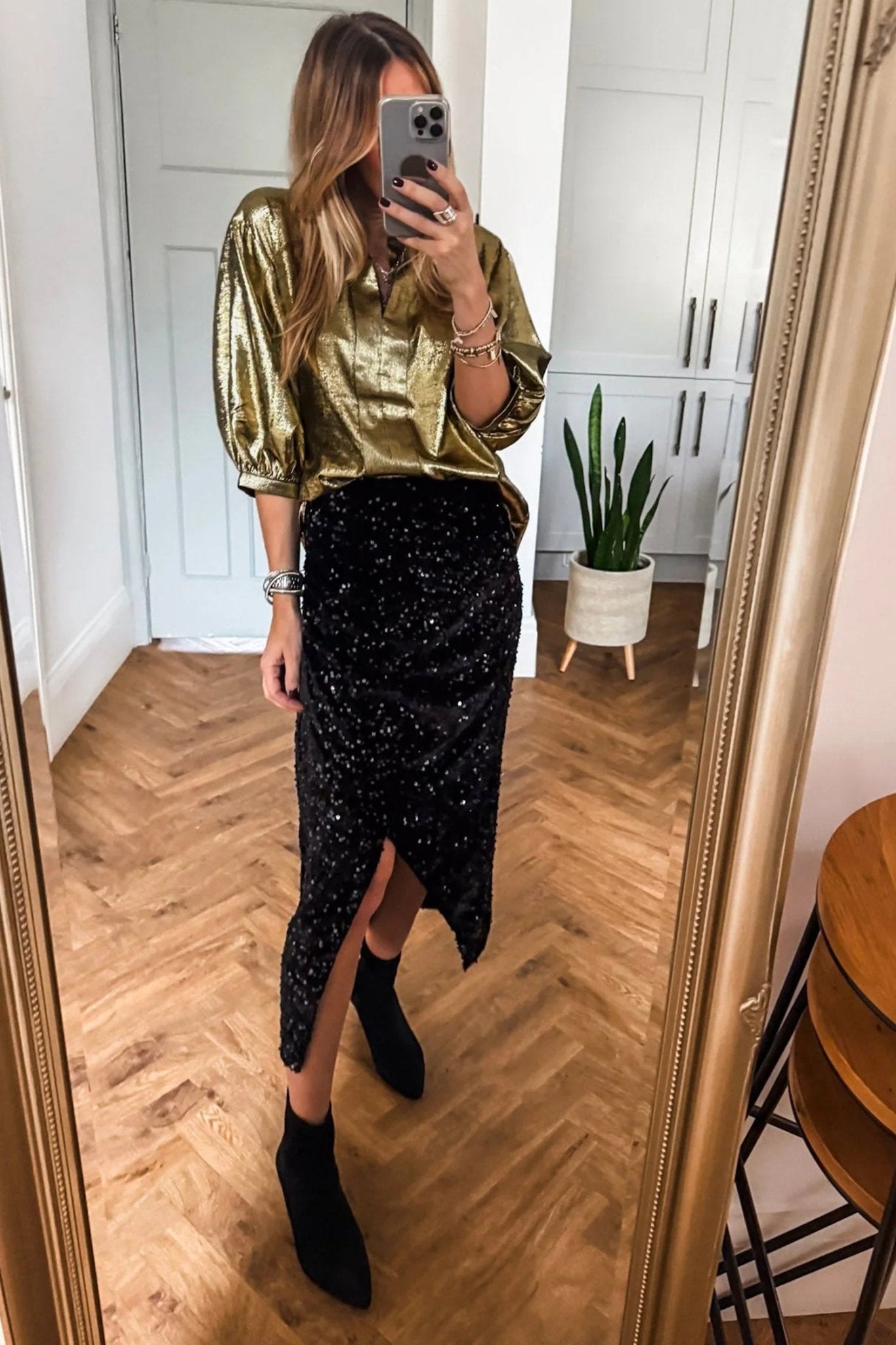Metallic Split Neck 3/4 Sleeve Blouse - Rooted & Reckless Co.
