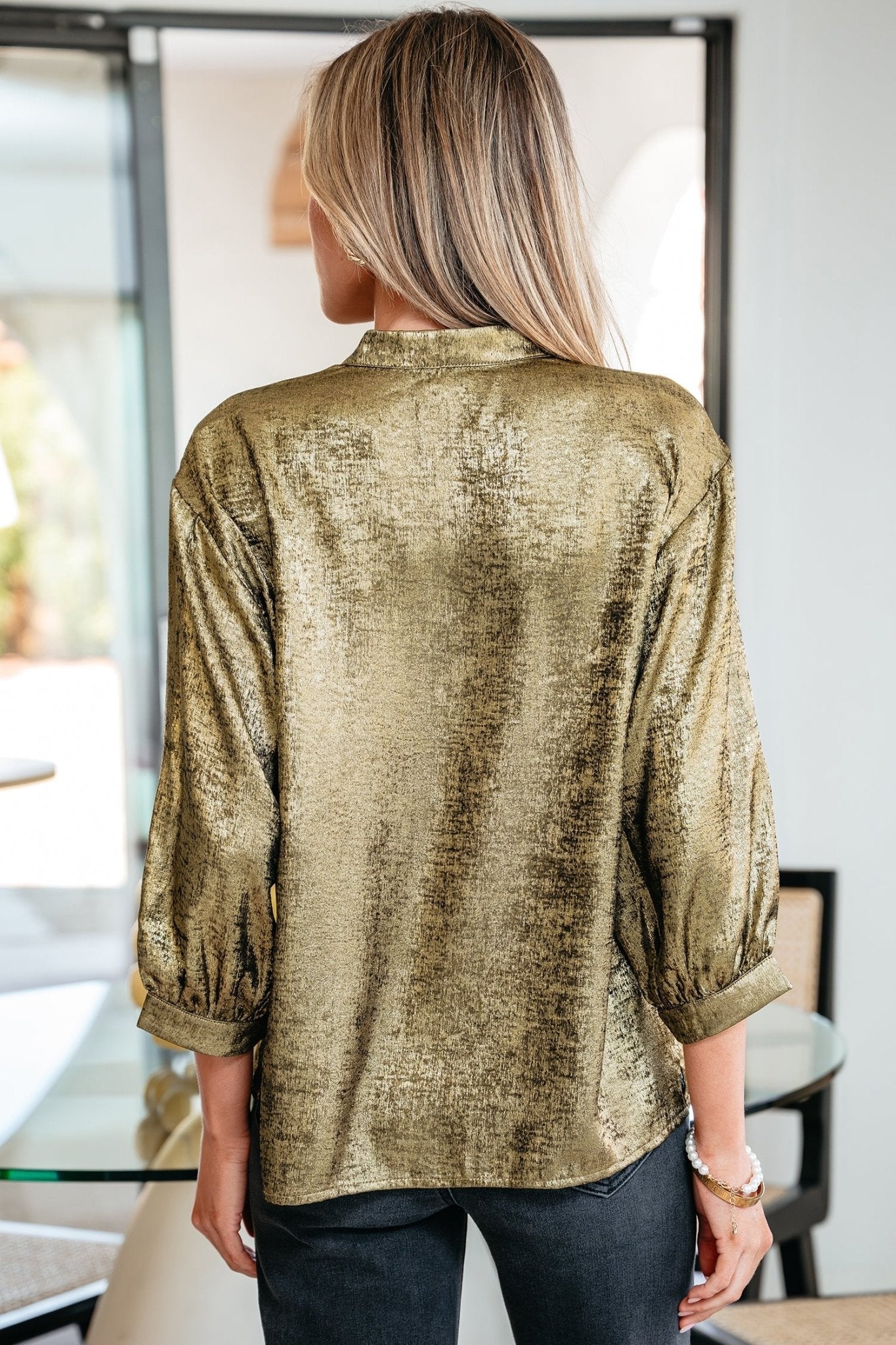 Metallic Split Neck 3/4 Sleeve Blouse - Rooted & Reckless Co.