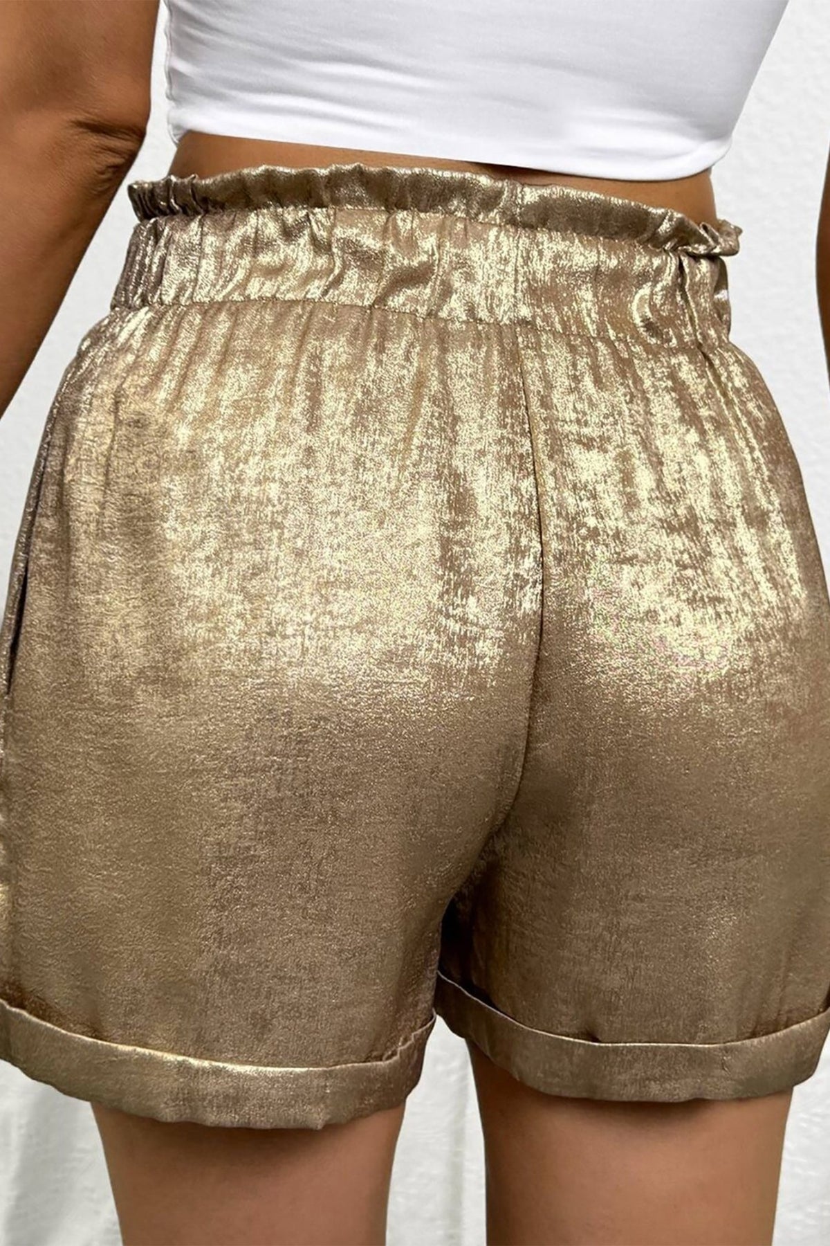 Metallic Tie Elastic Waist Cuffed Hem Shorts - Rooted & Reckless Co.