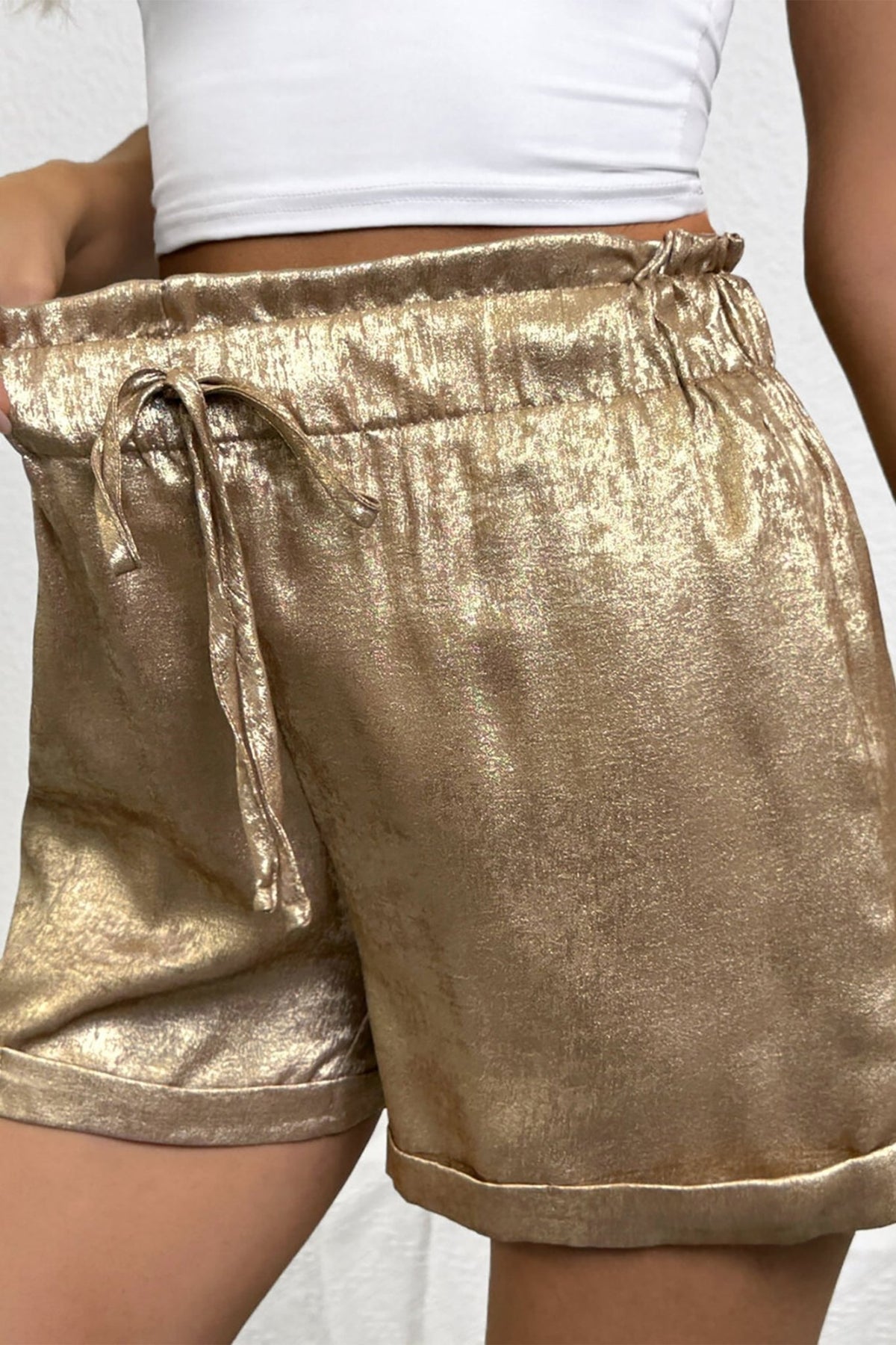 Metallic Tie Elastic Waist Cuffed Hem Shorts - Rooted & Reckless Co.
