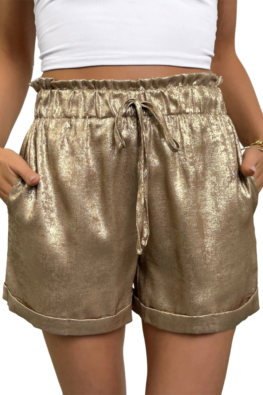 Metallic Tie Elastic Waist Cuffed Hem Shorts - Rooted & Reckless Co.