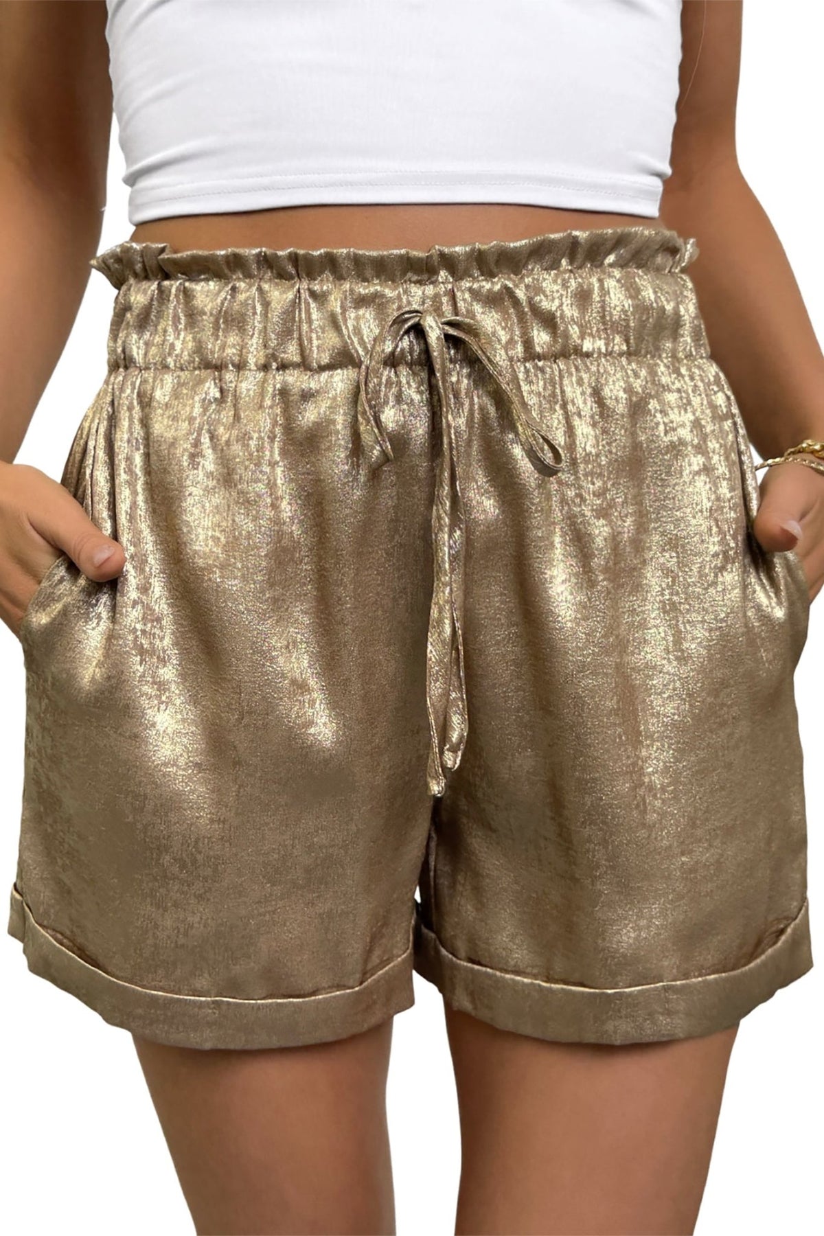 Metallic Tie Elastic Waist Cuffed Hem Shorts - Rooted & Reckless Co.