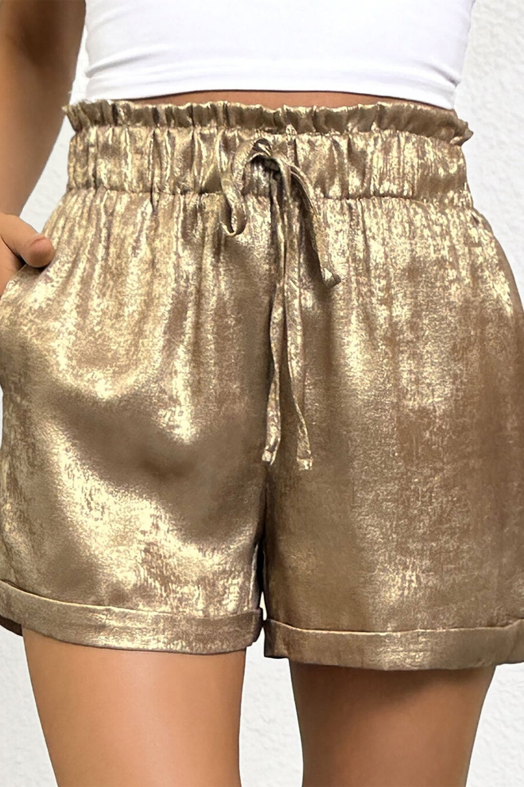 Metallic Tie Elastic Waist Cuffed Hem Shorts - Rooted & Reckless Co.