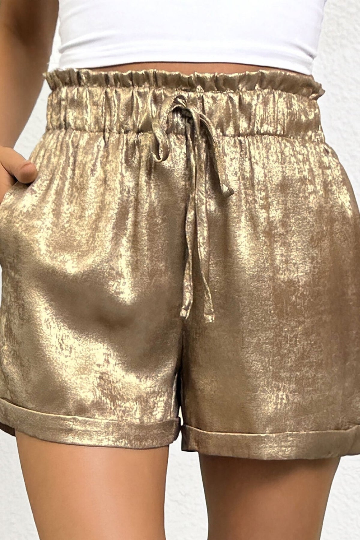 Metallic Tie Elastic Waist Cuffed Hem Shorts - Rooted & Reckless Co.