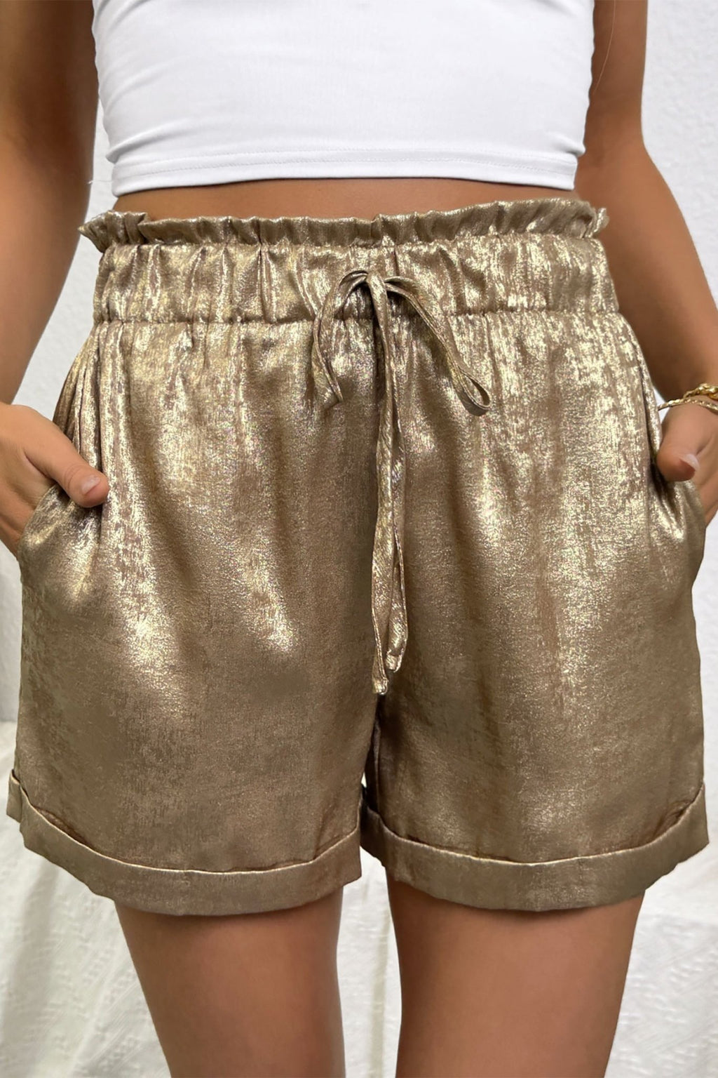 Metallic Tie Elastic Waist Cuffed Hem Shorts - Rooted & Reckless Co.