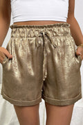 Metallic Tie Elastic Waist Cuffed Hem Shorts - Rooted & Reckless Co.