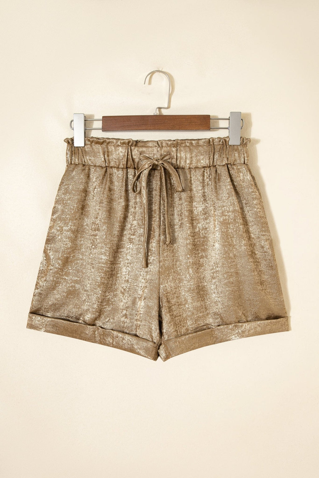 Metallic Tie Elastic Waist Cuffed Hem Shorts - Rooted & Reckless Co.