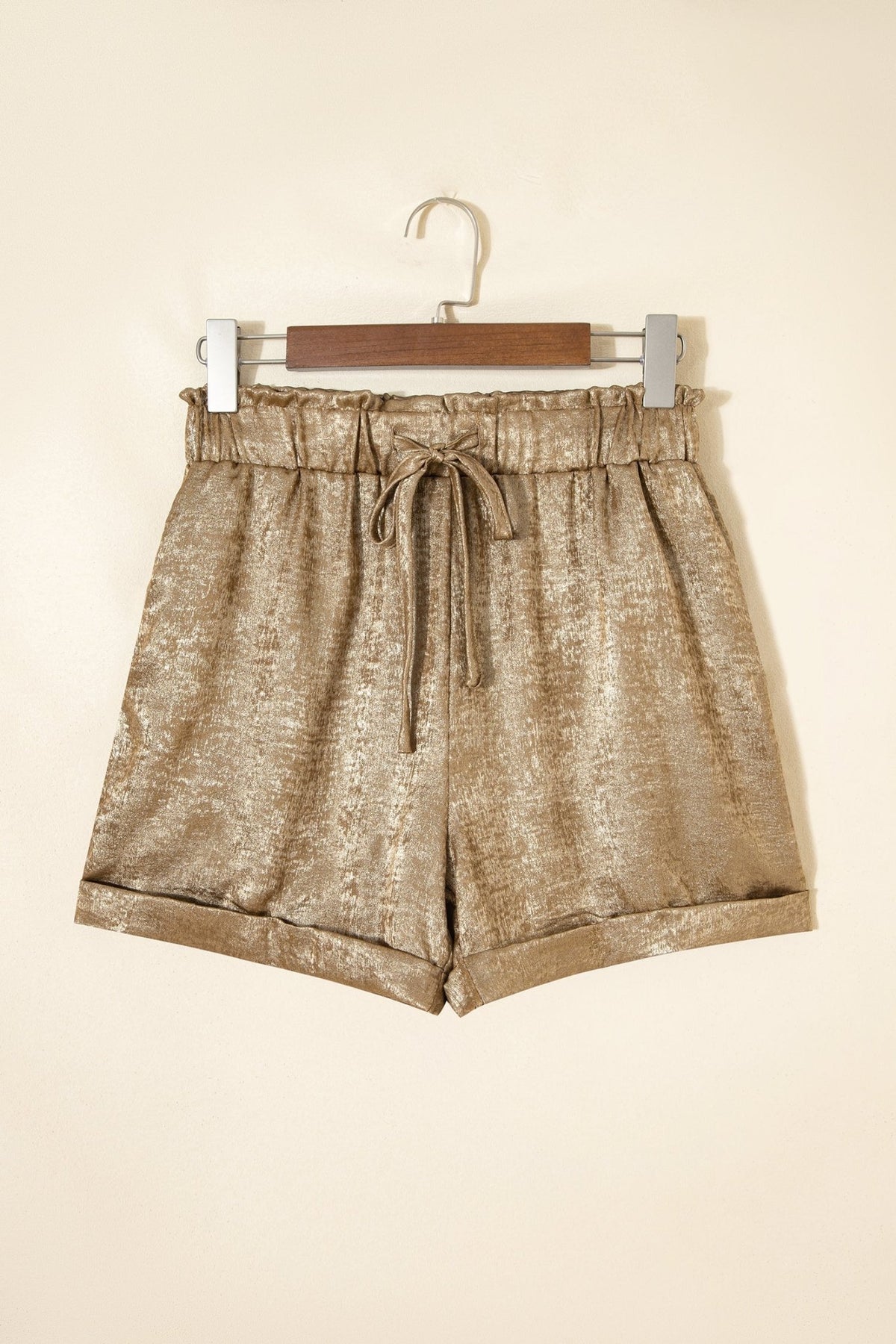 Metallic Tie Elastic Waist Cuffed Hem Shorts - Rooted & Reckless Co.