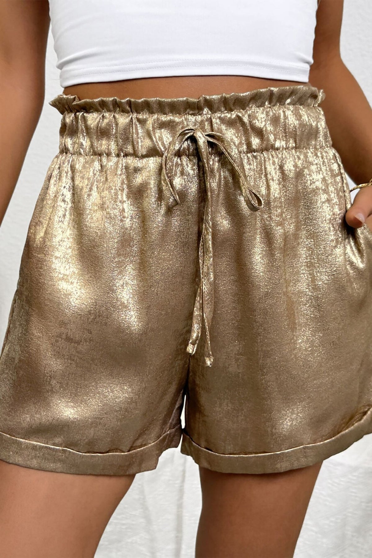 Metallic Tie Elastic Waist Cuffed Hem Shorts - Rooted & Reckless Co.