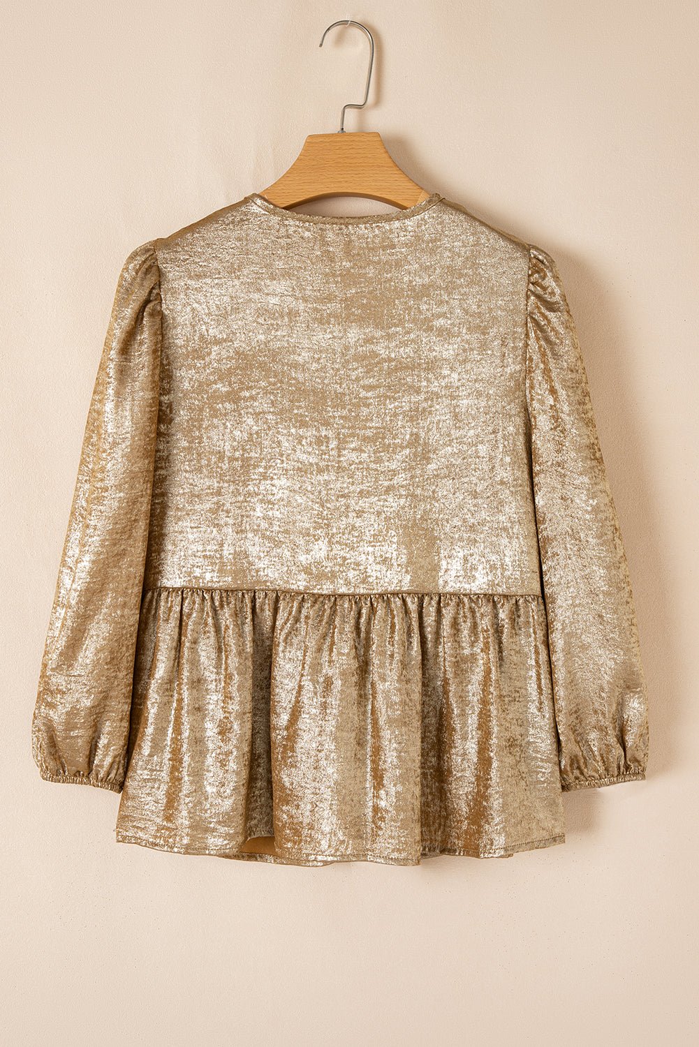 Metallic Tie Front 3/4 Puff Sleeve Peplum Blouse - Rooted & Reckless Co.