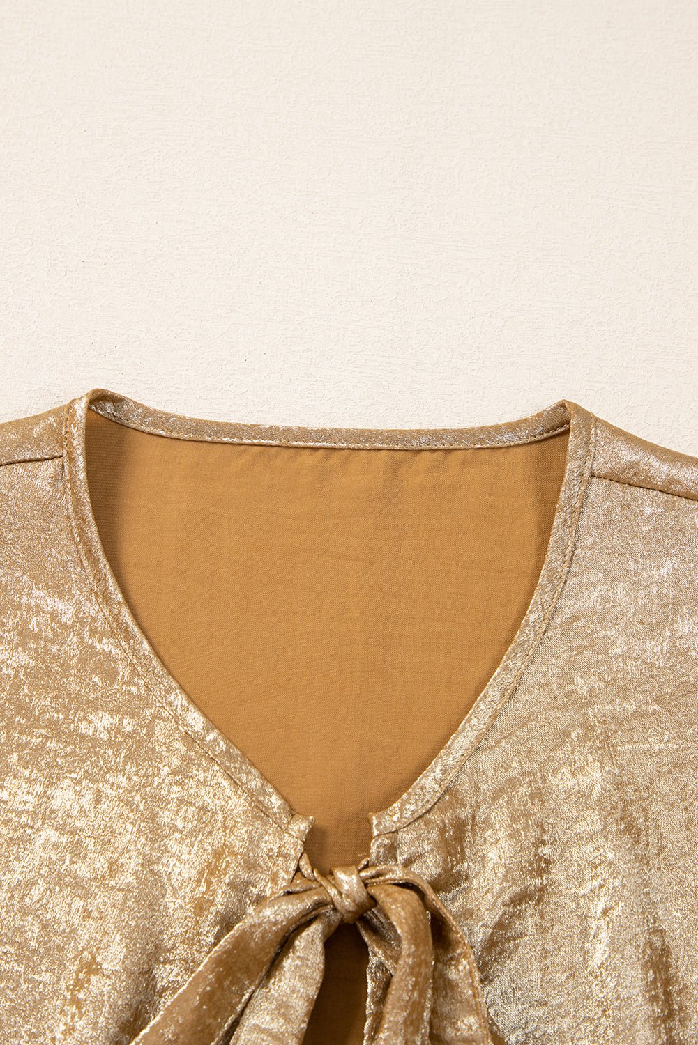 Metallic Tie Front 3/4 Puff Sleeve Peplum Blouse - Rooted & Reckless Co.