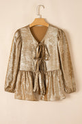 Metallic Tie Front 3/4 Puff Sleeve Peplum Blouse - Rooted & Reckless Co.