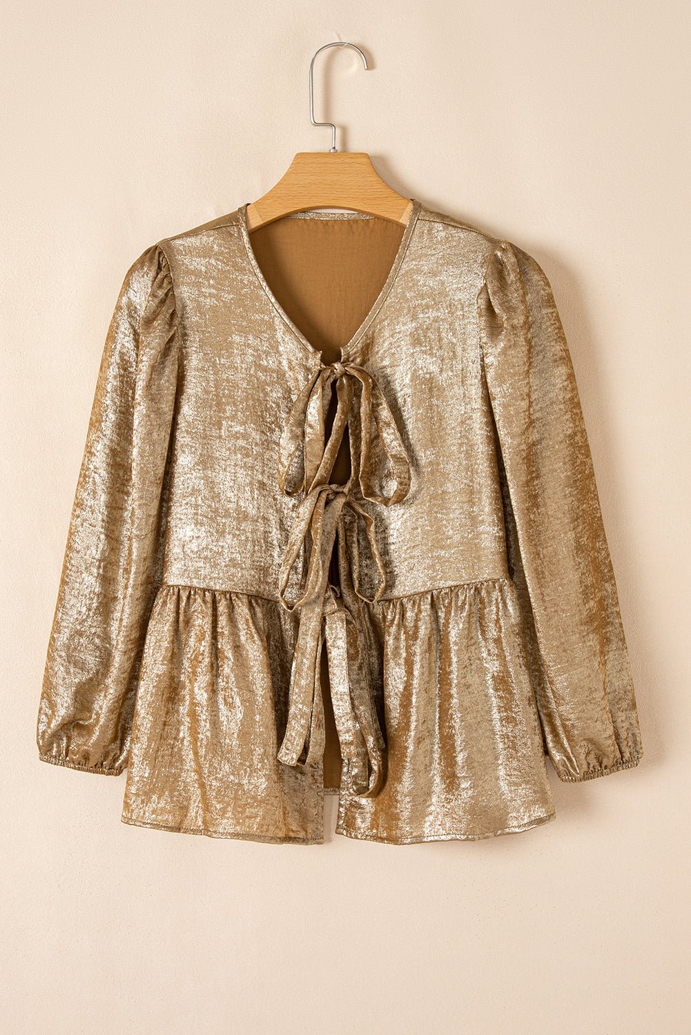 Metallic Tie Front 3/4 Puff Sleeve Peplum Blouse - Rooted & Reckless Co.
