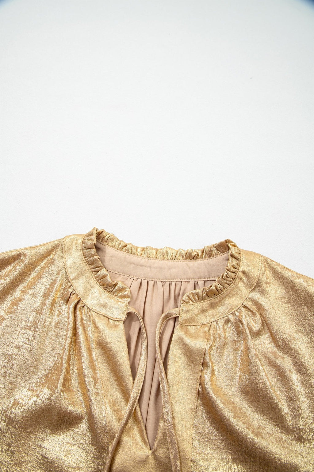 Metallic Tie V-Neck Long Sleeve Blouse - Rooted & Reckless Co.
