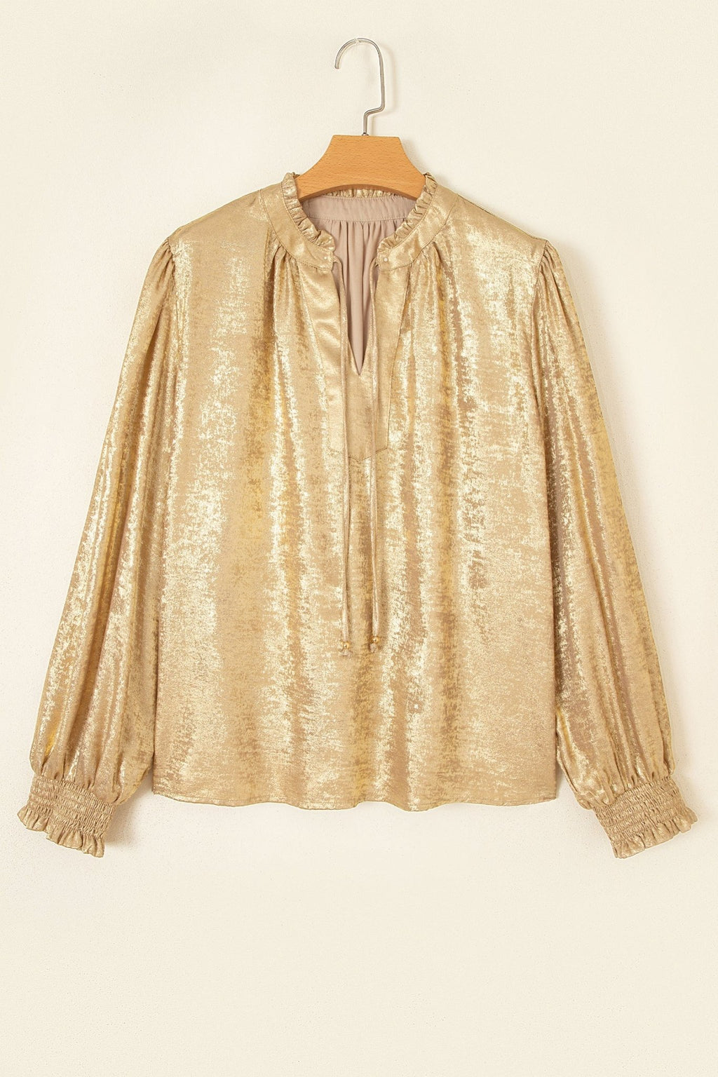 Metallic Tie V-Neck Long Sleeve Blouse - Rooted & Reckless Co.