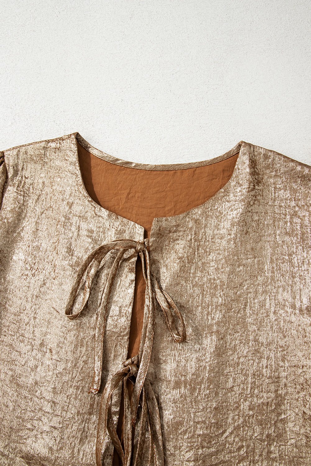 Metallic Tied Front Long Sleeve Babydoll Blouse - Rooted & Reckless Co.