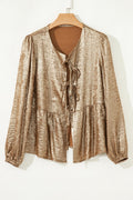Metallic Tied Front Long Sleeve Babydoll Blouse - Rooted & Reckless Co.