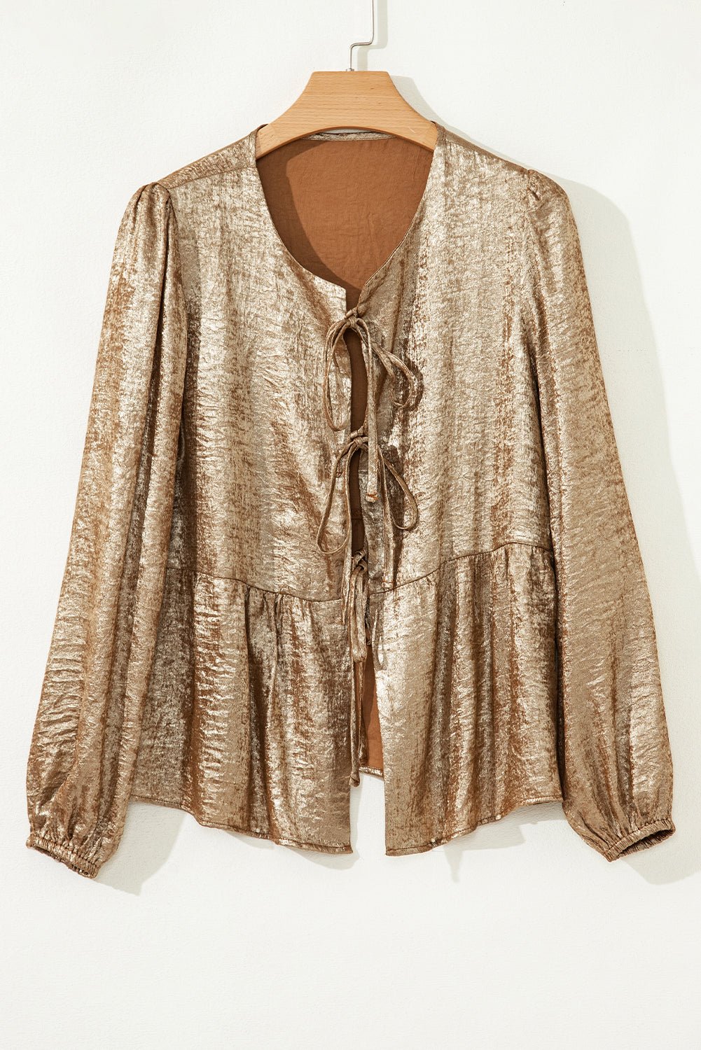 Metallic Tied Front Long Sleeve Babydoll Blouse - Rooted & Reckless Co.