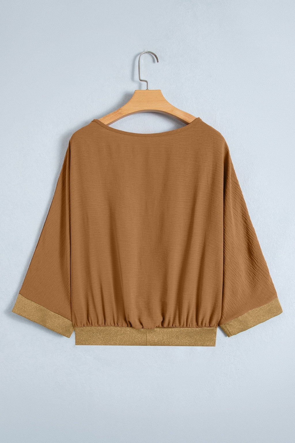 Metallic Trim 3/4 Sleeve Buttoned V-Neck Blouse - Rooted & Reckless Co.