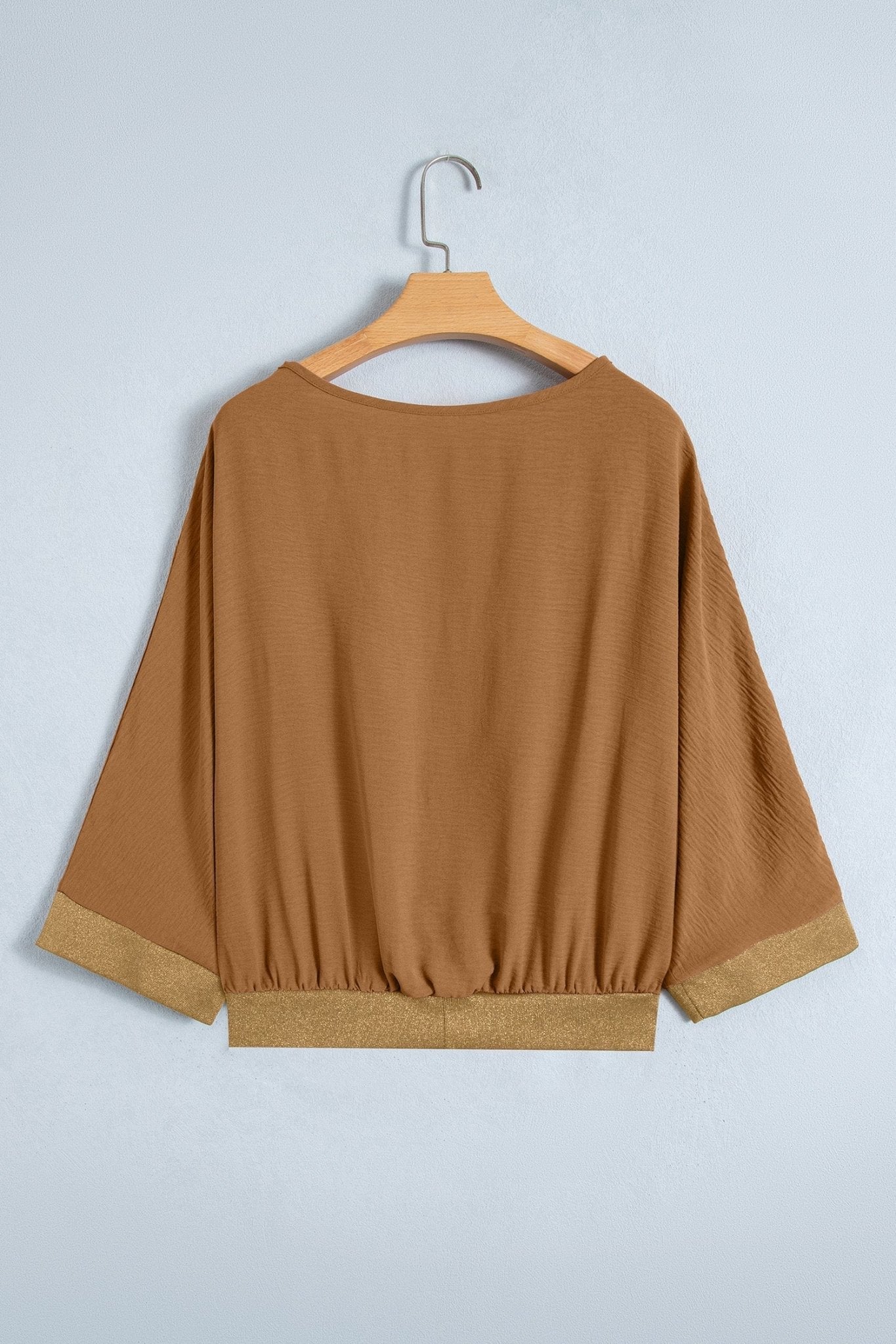 Metallic Trim 3/4 Sleeve Buttoned V-Neck Blouse - Rooted & Reckless Co.