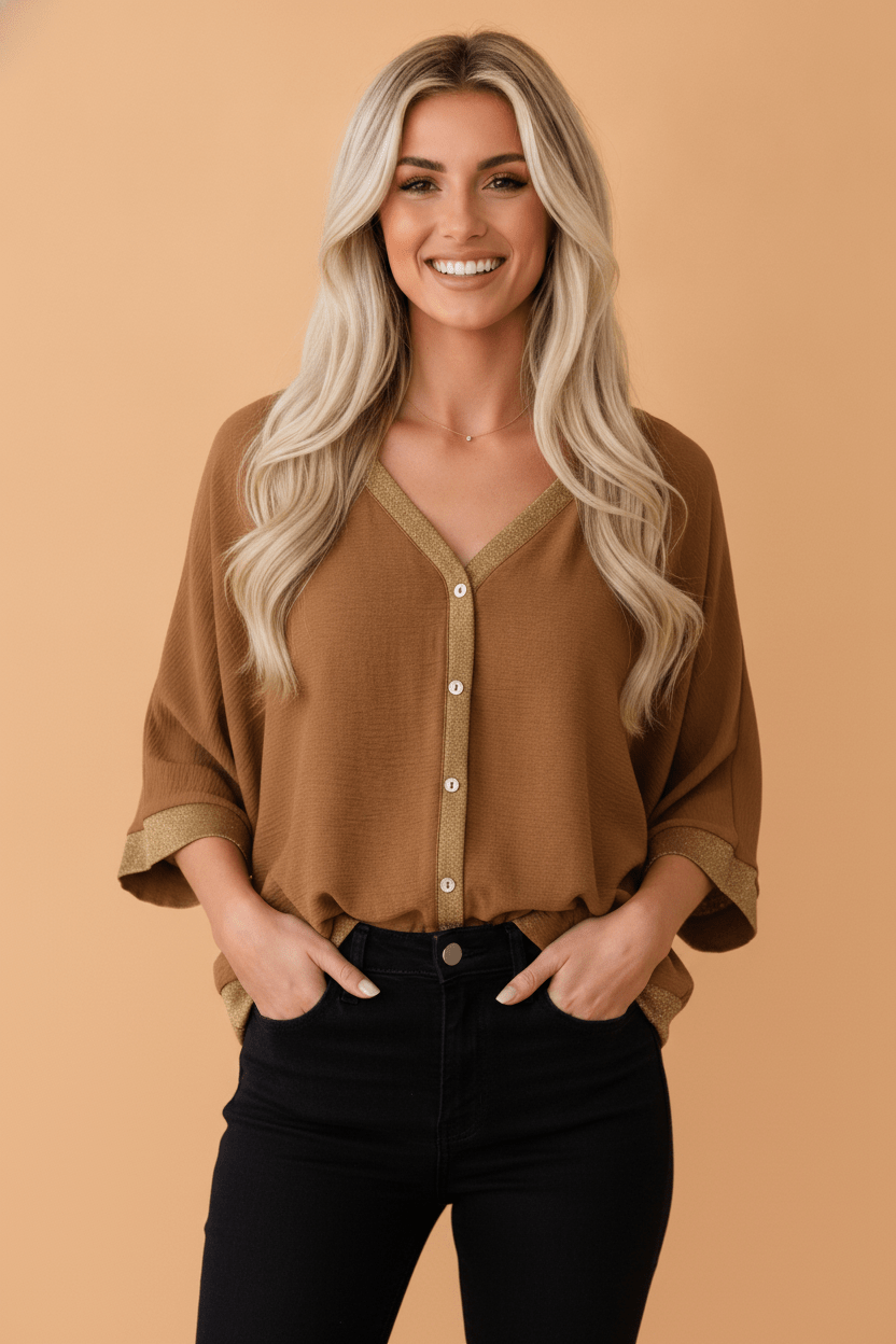 Metallic Trim 3/4 Sleeve Buttoned V-Neck Blouse - Rooted & Reckless Co.