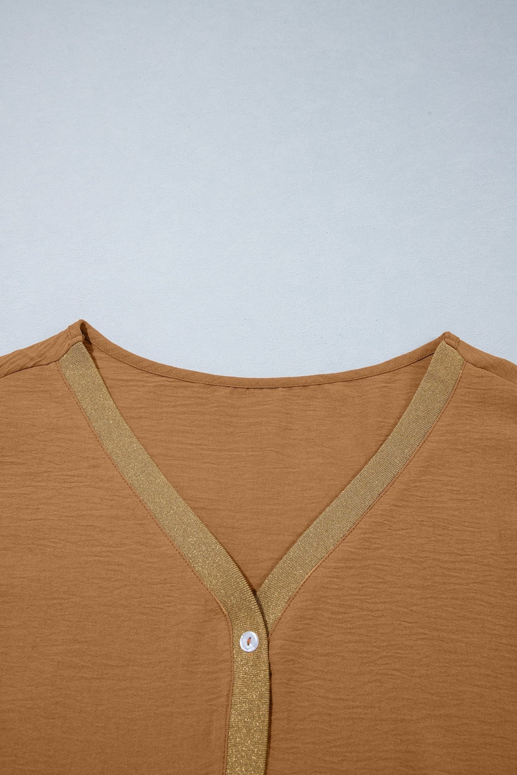 Metallic Trim 3/4 Sleeve Buttoned V-Neck Blouse - Rooted & Reckless Co.