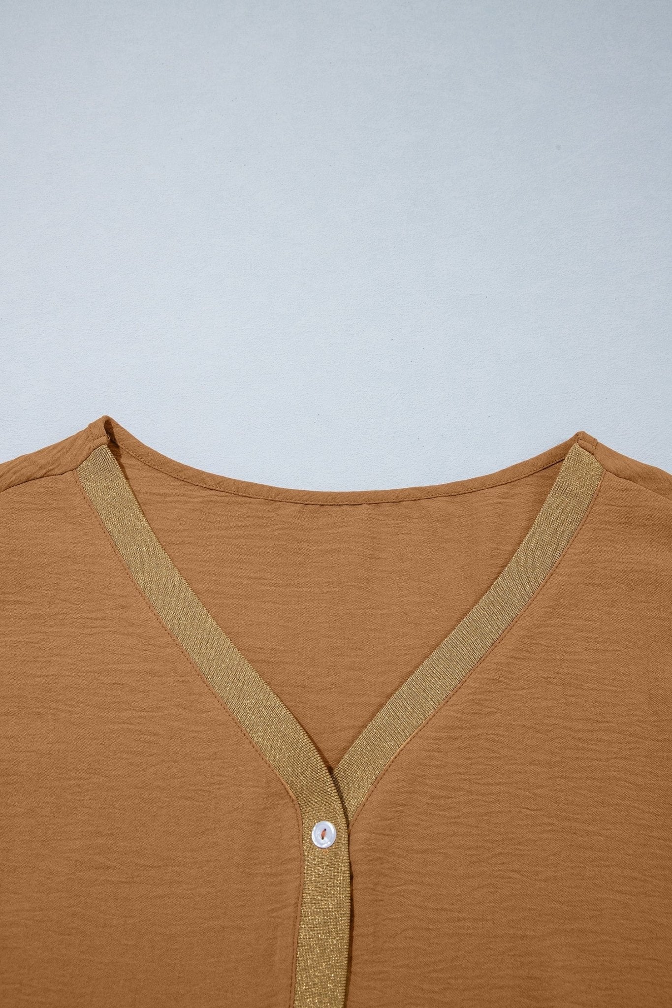 Metallic Trim 3/4 Sleeve Buttoned V-Neck Blouse - Rooted & Reckless Co.