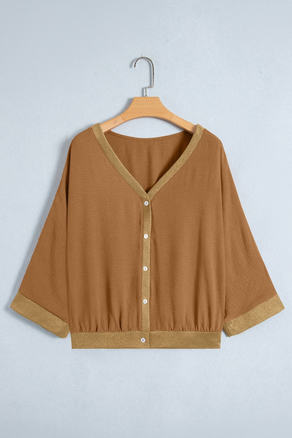 Metallic Trim 3/4 Sleeve Buttoned V-Neck Blouse - Rooted & Reckless Co.