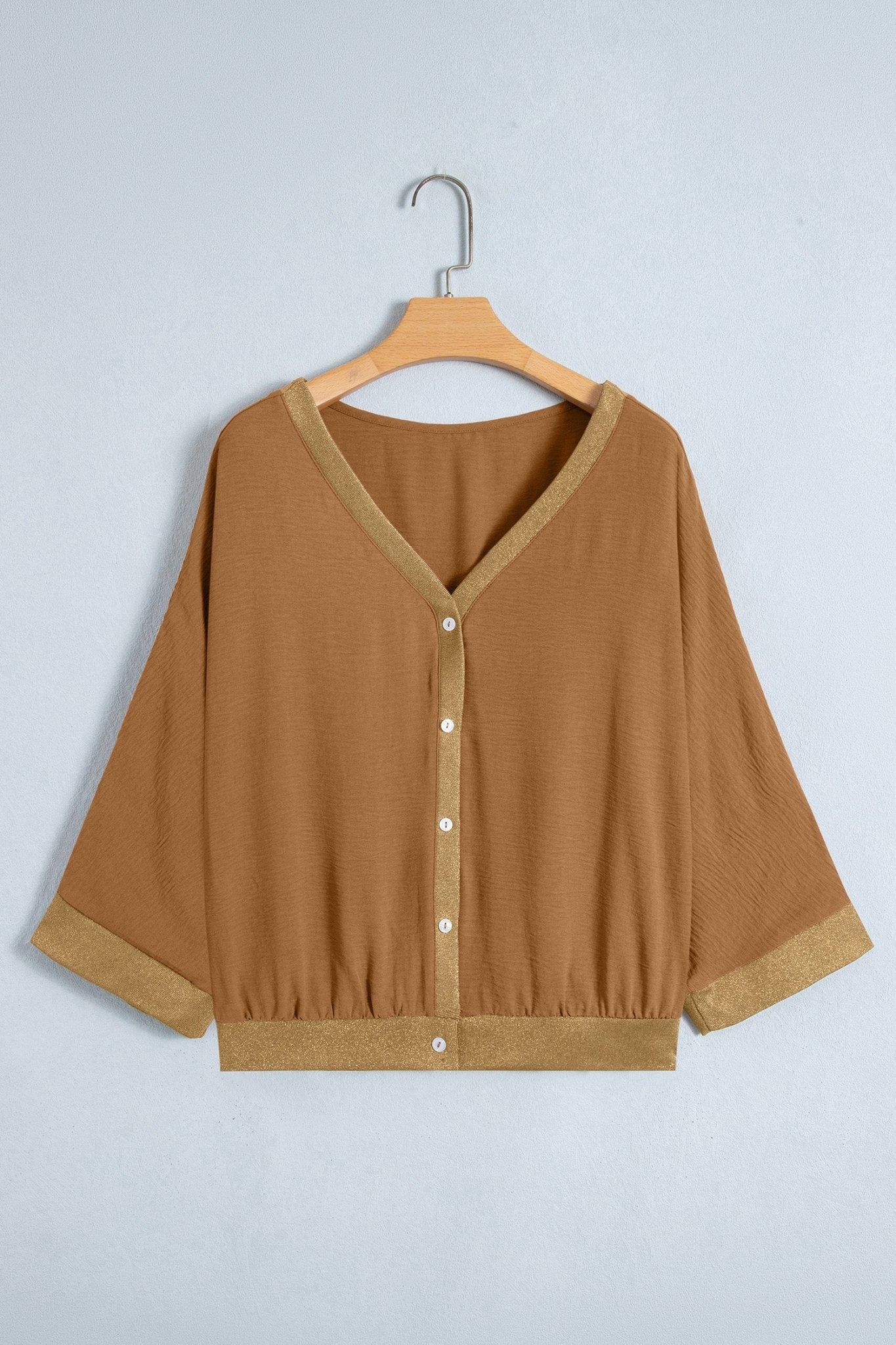 Metallic Trim 3/4 Sleeve Buttoned V-Neck Blouse - Rooted & Reckless Co.