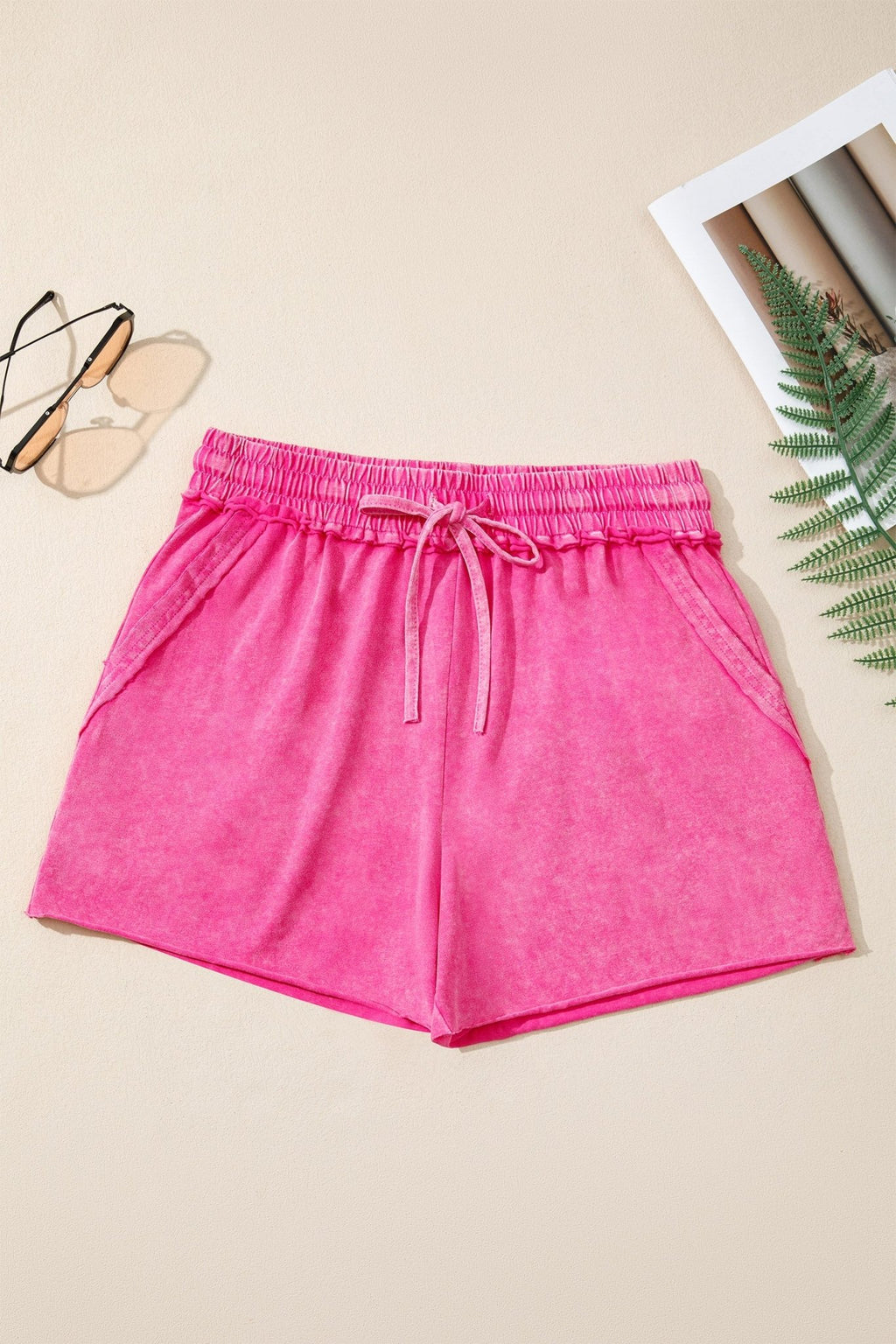 Mineral Wash Drawstring Elastic Waist Raw Edge Shorts - Rooted & Reckless Co.