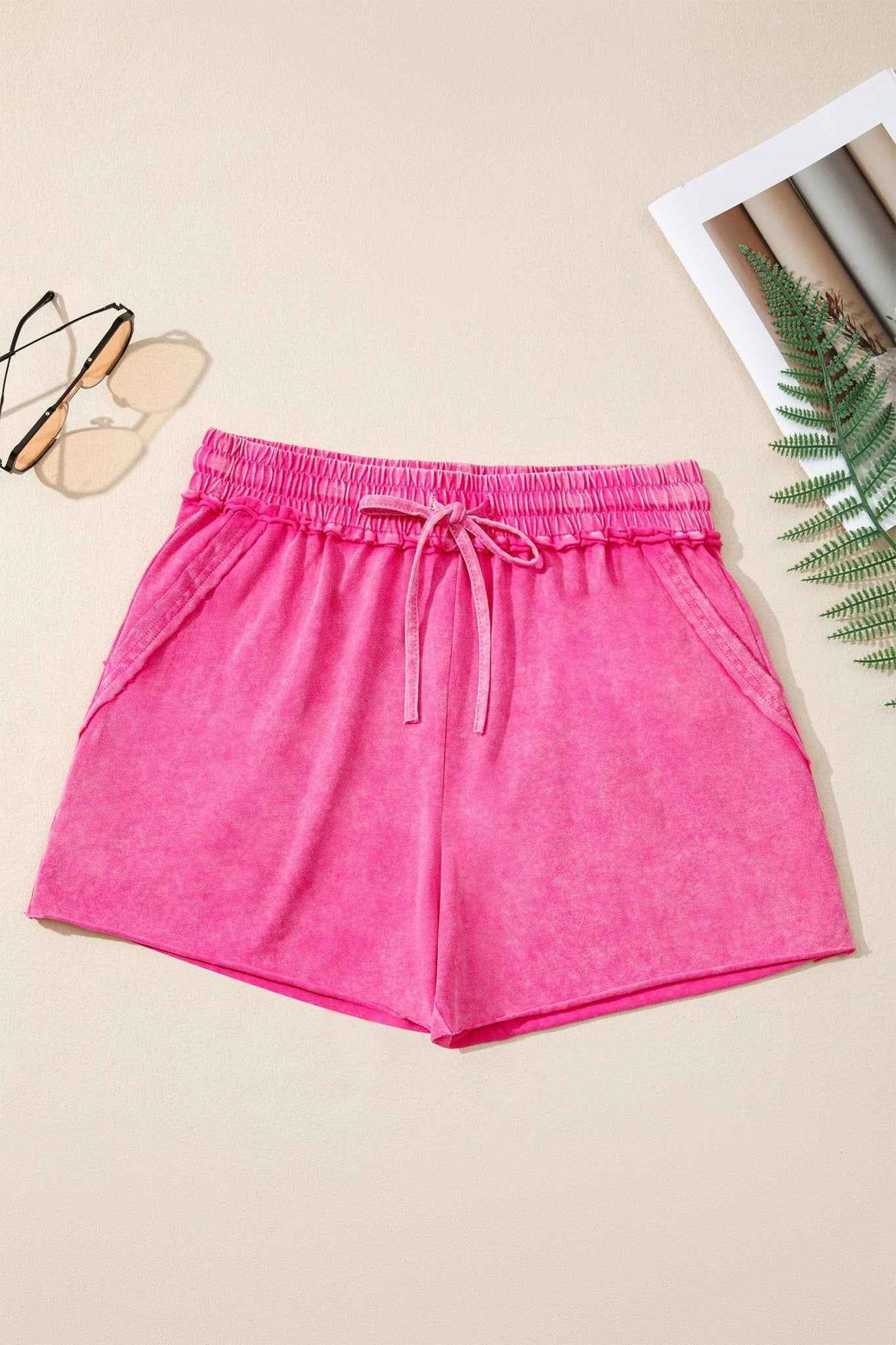 Mineral Wash Drawstring Elastic Waist Raw Edge Shorts - Rooted & Reckless Co.