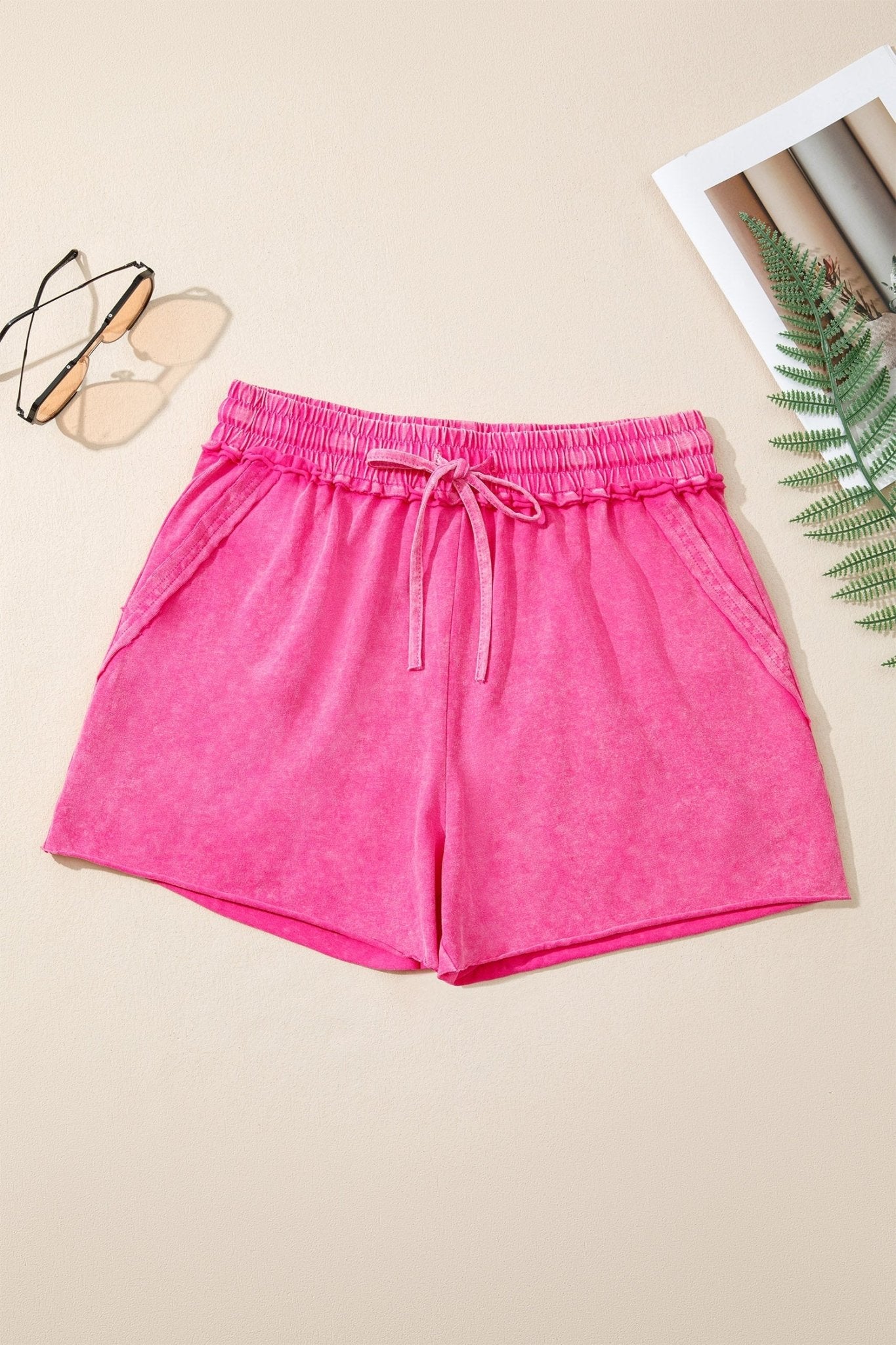 Mineral Wash Drawstring Elastic Waist Raw Edge Shorts - Rooted & Reckless Co.