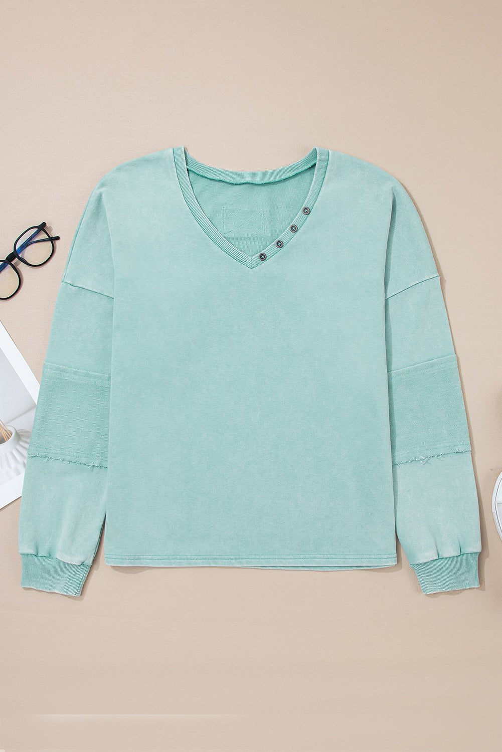 Mineral Wash Reverse Seam Buttoned V-Neck Top - Rooted & Reckless Co.