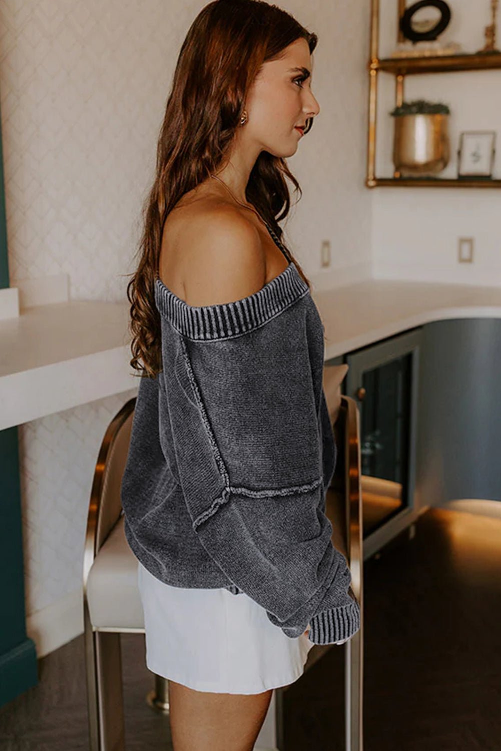 Mineral Wash Reverse Seam V-Neck Drop Shoulder Sweater - Rooted & Reckless Co.