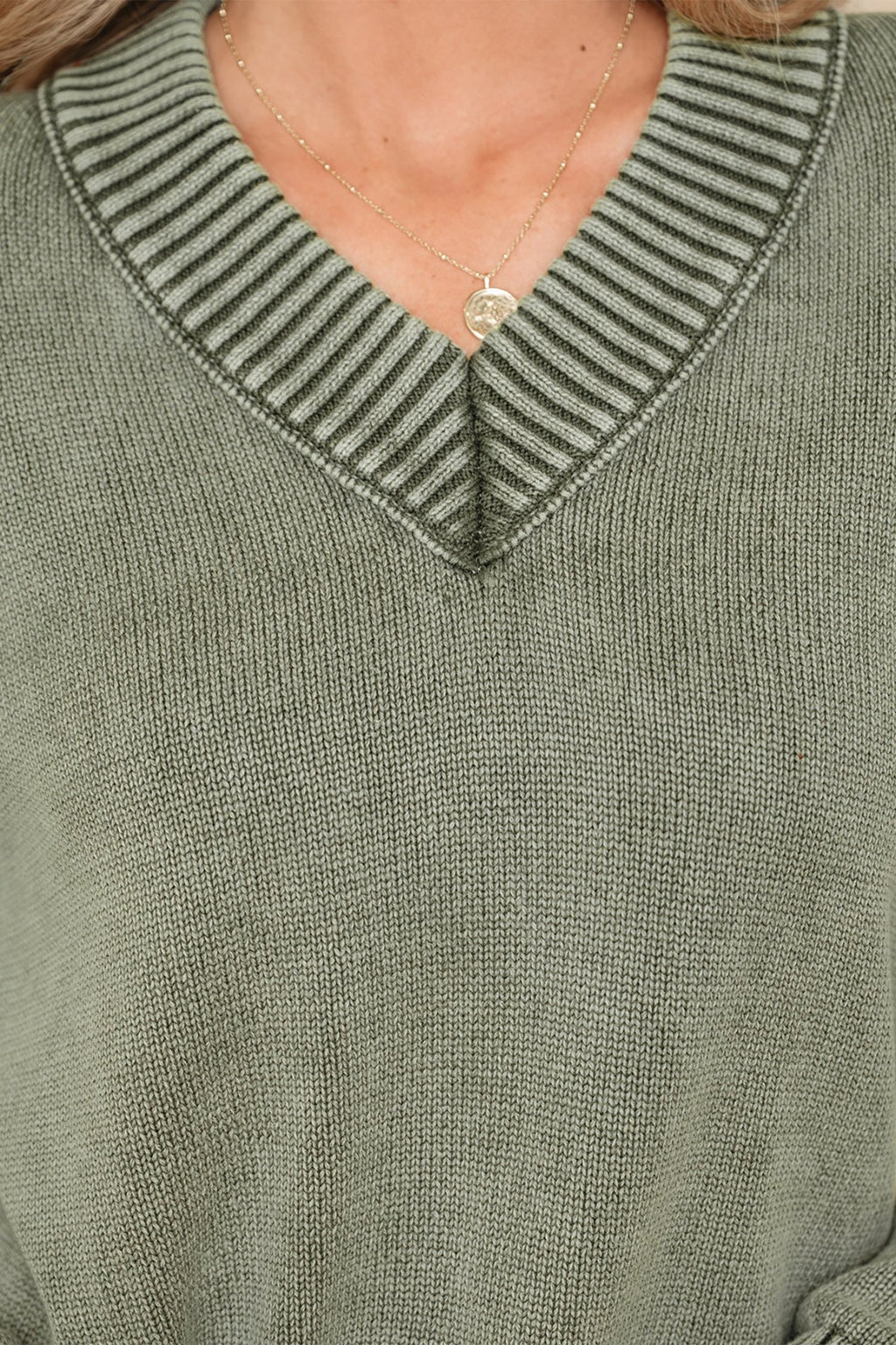 Mineral Wash Reverse Seam V-Neck Drop Shoulder Sweater - Rooted & Reckless Co.