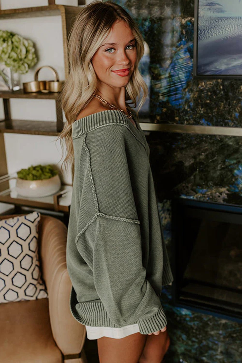 Mineral Wash Reverse Seam V-Neck Drop Shoulder Sweater - Rooted & Reckless Co.
