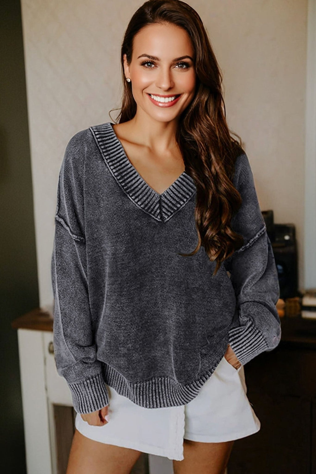 Mineral Wash Reverse Seam V-Neck Drop Shoulder Sweater - Rooted & Reckless Co.