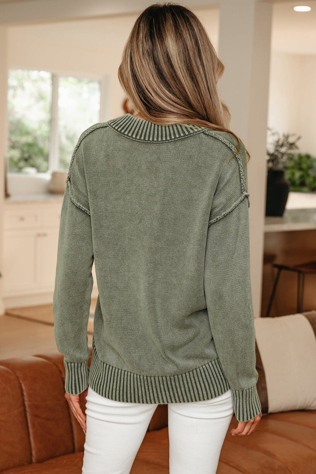 Mineral Wash Reverse Seam V-Neck Drop Shoulder Sweater - Rooted & Reckless Co.